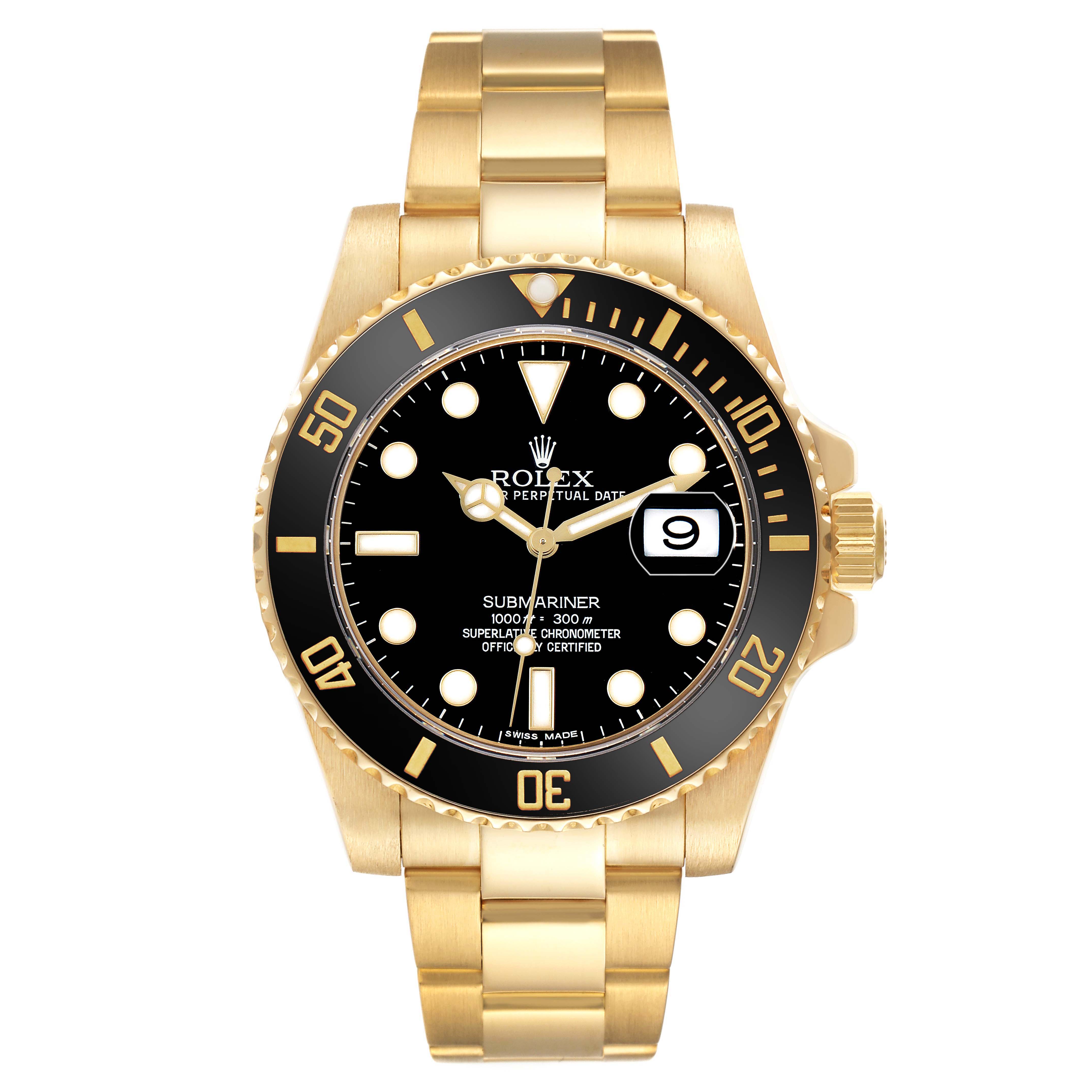 The Rolex Submariner 116618LN Men's Yellow Gold Black Dial watch is shown from the front, displaying the dial, bezel, bracelet, and crown.