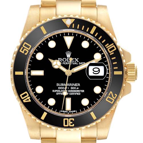 The image shows a frontal view of the Rolex Submariner 116618LN Men's Yellow Gold Black Dial, highlighting the face, bezel, and part of the bracelet.