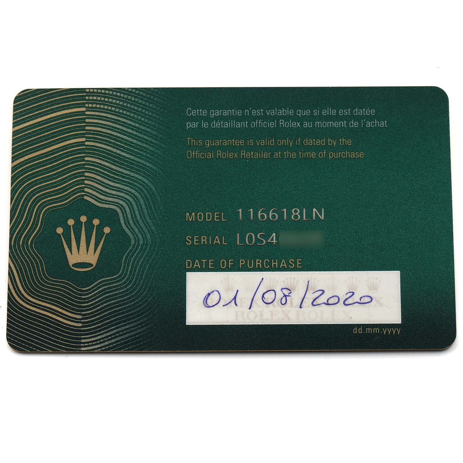 The image shows a close-up of a Rolex Submariner 116618LN Men's Yellow Gold Black Dial model 116618LN warranty card with purchase date.