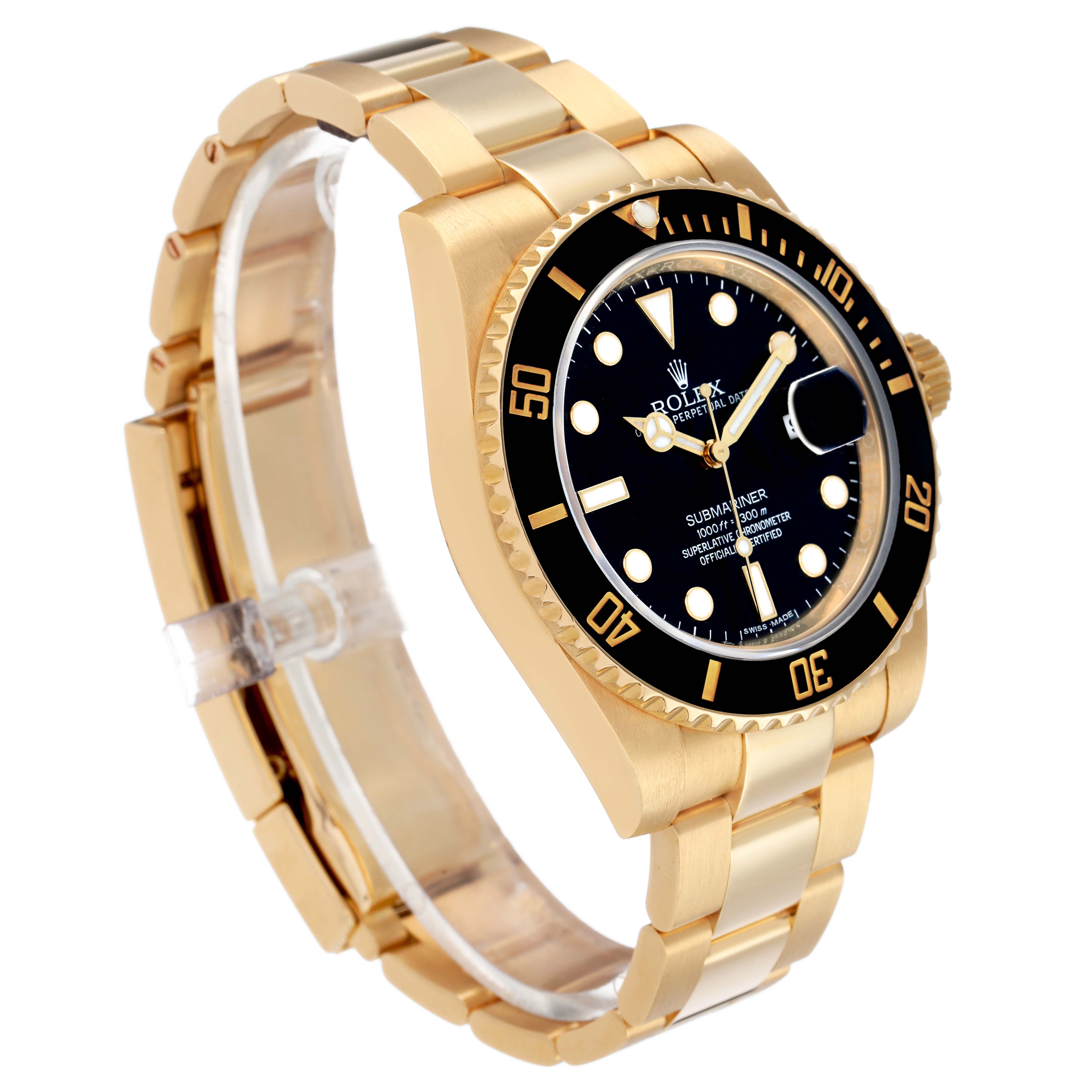 The Rolex Submariner 116618LN Men's Yellow Gold Black Dial watch is shown at a three-quarter angle, displaying the dial, bezel, bracelet, and crown.