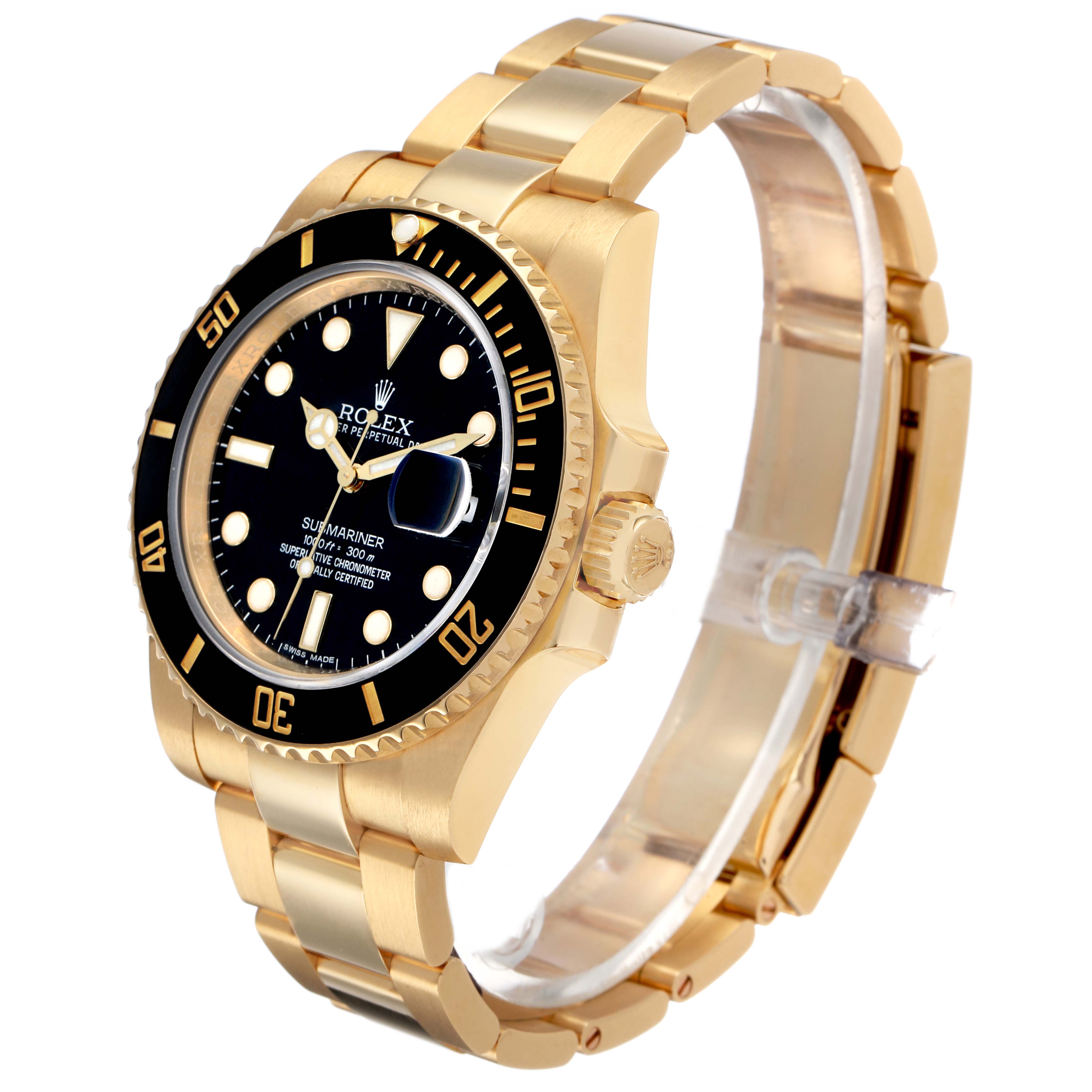 The Rolex Submariner 116618LN Men's Yellow Gold Black Dial is shown at a three-quarter angle, highlighting its gold bracelet, black dial, and bezel.