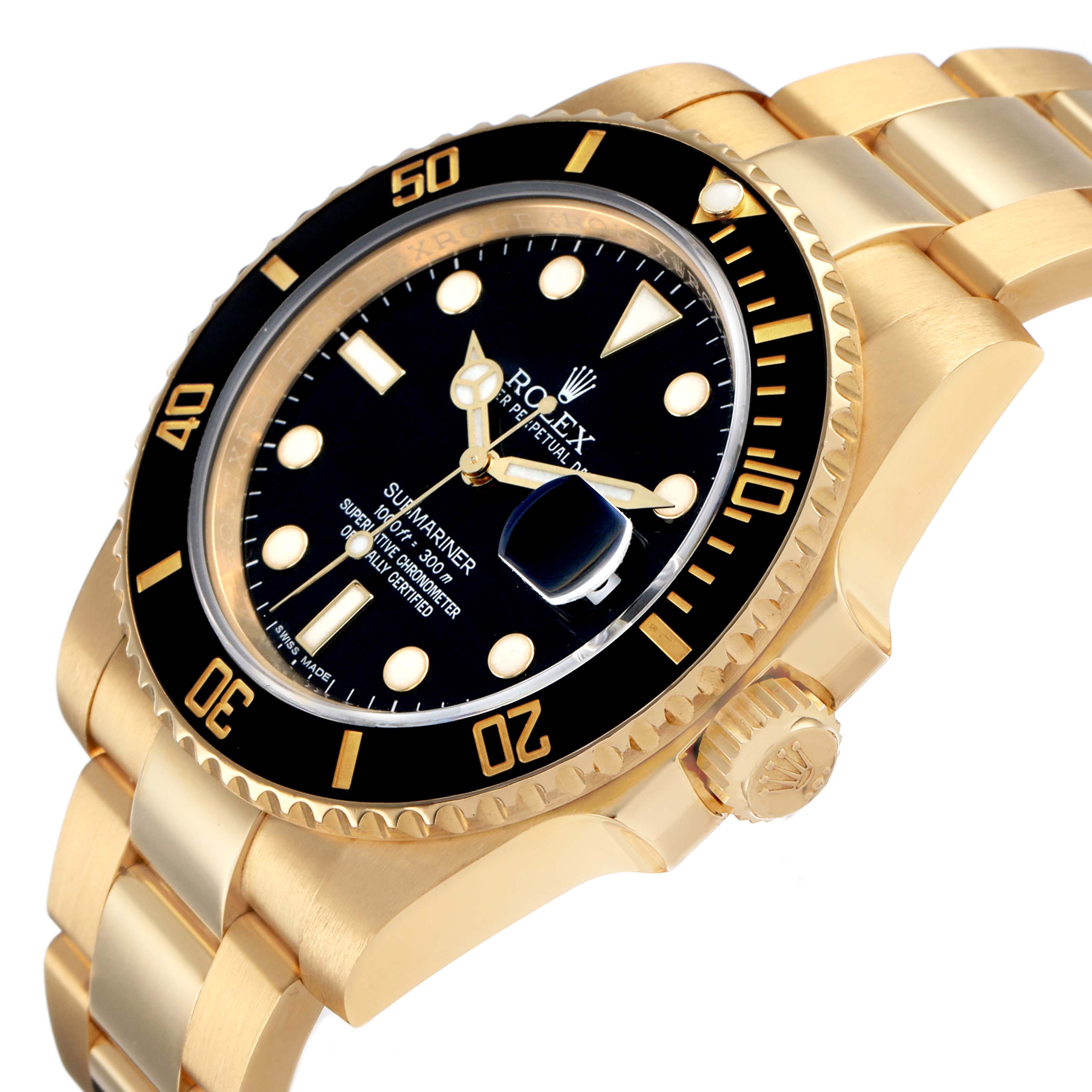 The Rolex Submariner 116618LN Men's Yellow Gold Black Dial watch is shown at an angle highlighting its gold case, black bezel, dial, and bracelet.