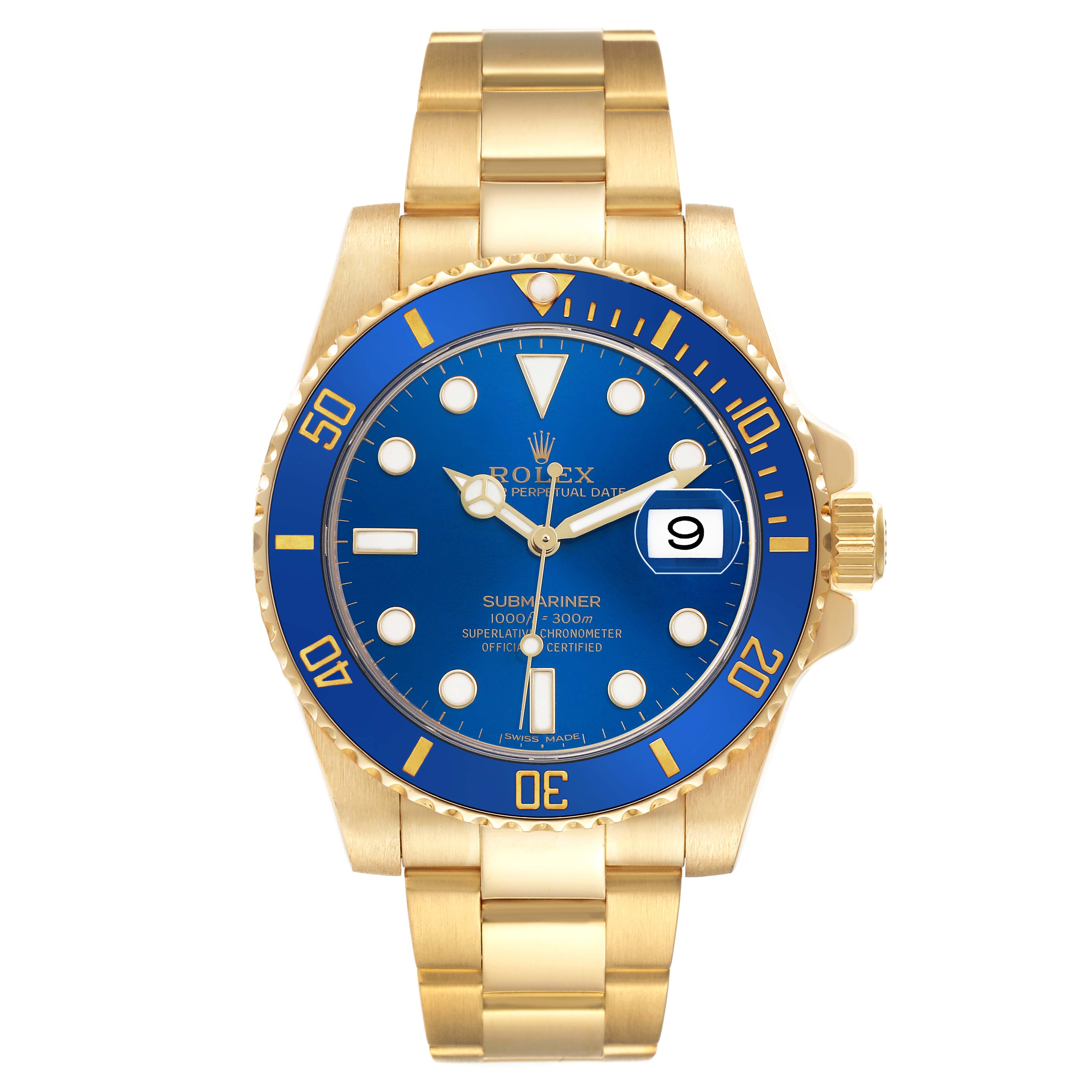 The Rolex Submariner 116618LB Men's Yellow Gold Blue Dial watch is shown from the front, highlighting its blue dial, bezel, and gold bracelet.