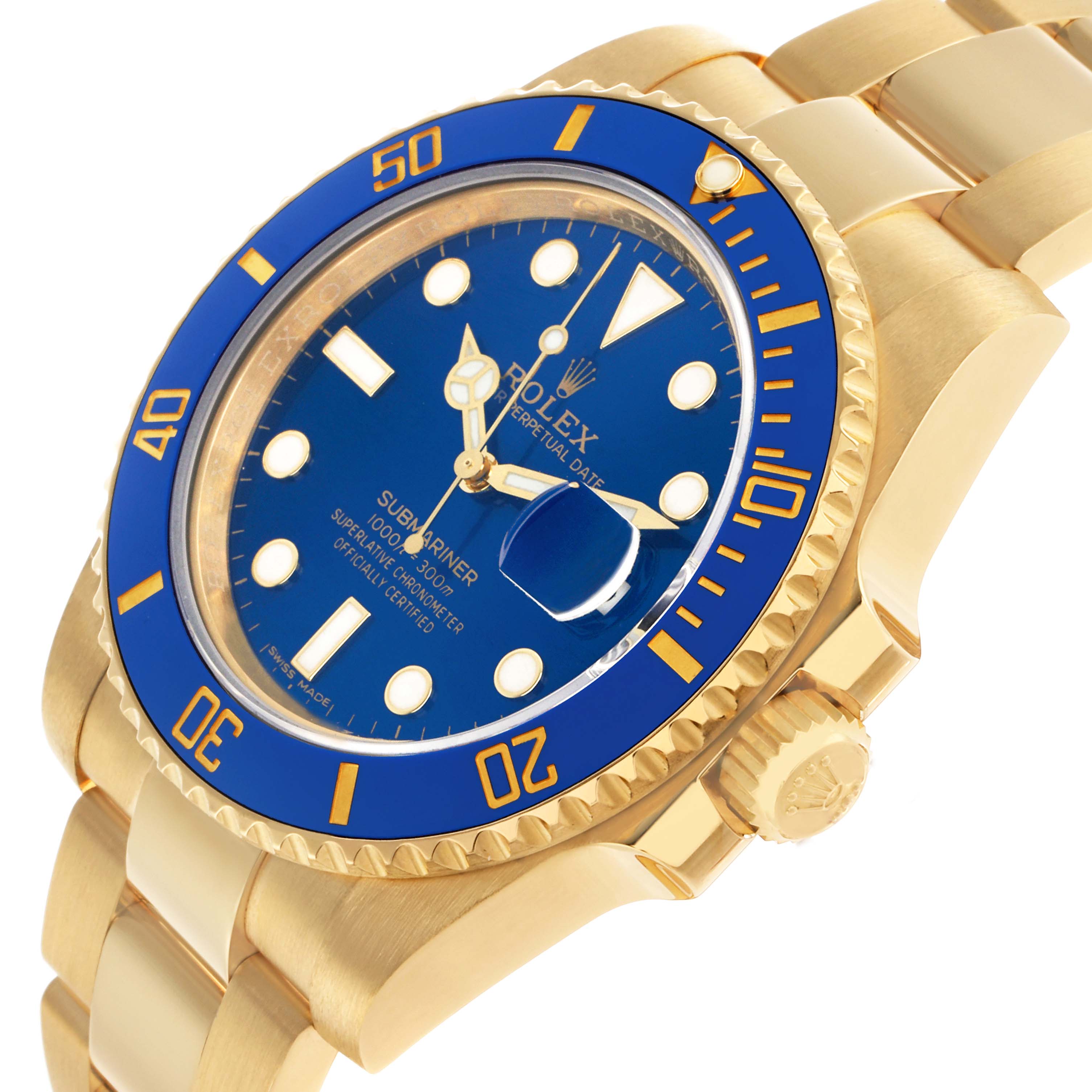 The Rolex Submariner 116618LB Men's Yellow Gold Blue Dial is shown at an angle highlighting the blue bezel, dial, and gold bracelet, with a focus on the crown and case.