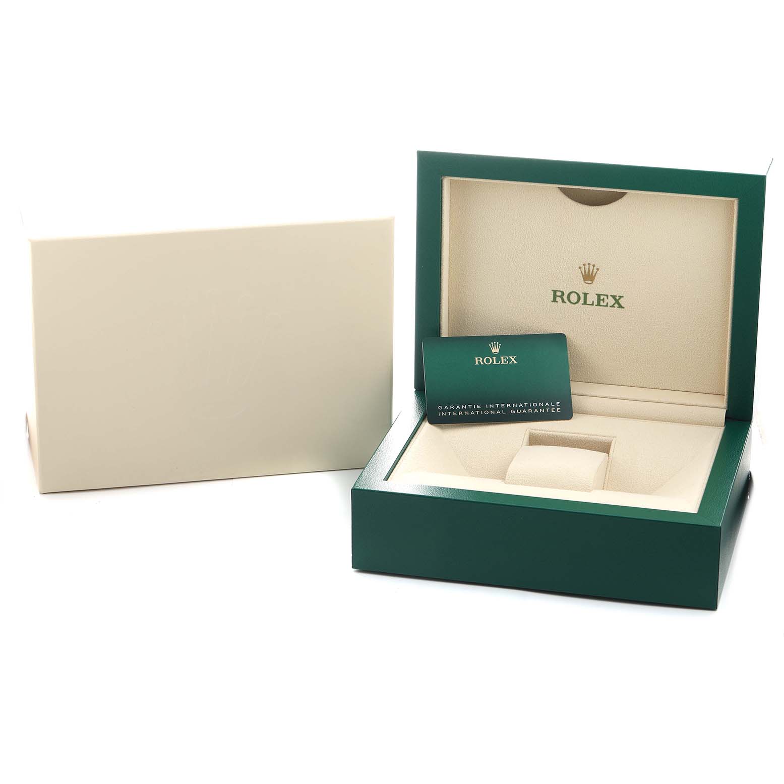 The image shows an open Rolex Submariner 116618LB Men's Yellow Gold Blue Dial box at an angle displaying the interior and guarantee card, alongside an outer white sleeve.