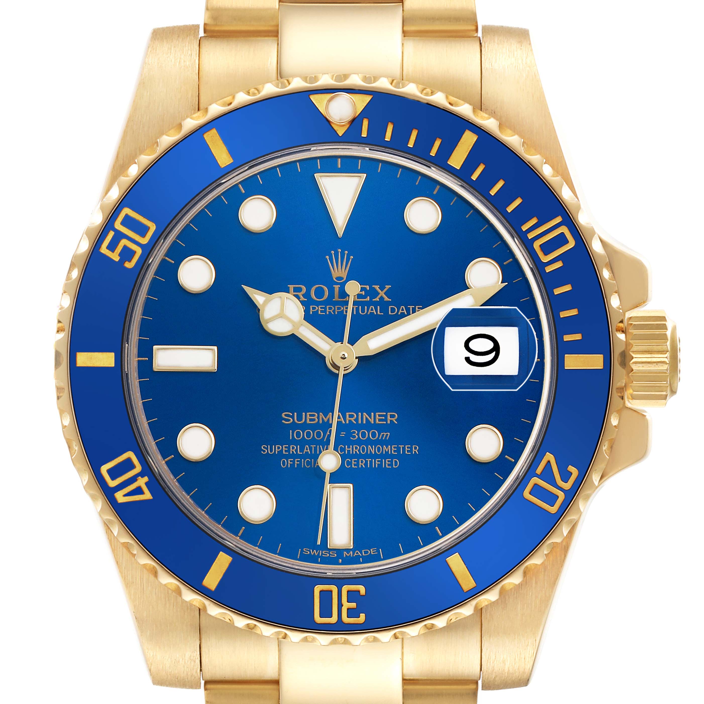 The Rolex Submariner 116618LB Men's Yellow Gold Blue Dial watch is shown from a front angle, highlighting the blue dial, bezel, and gold bracelet.