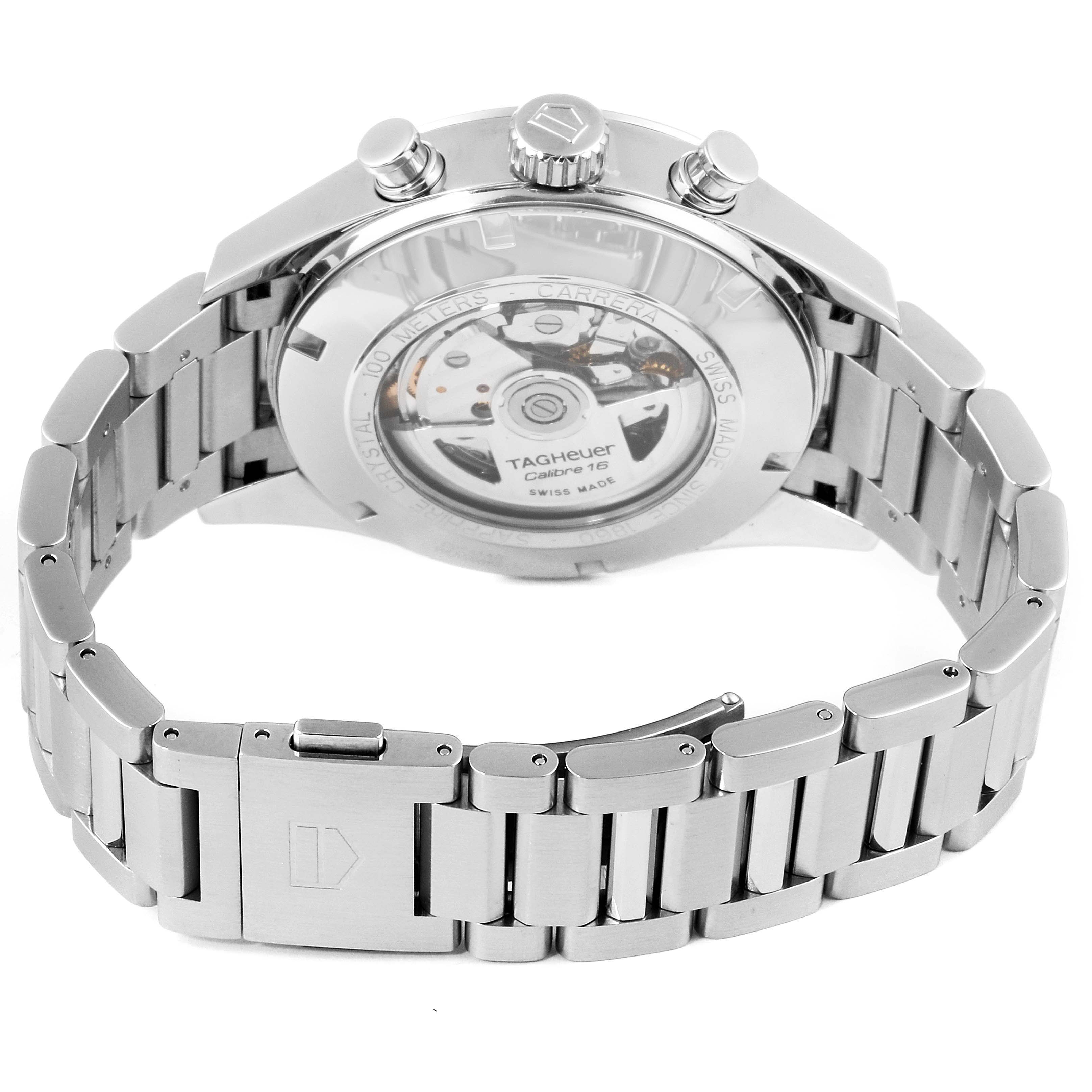 The image shows the back and bracelet of a Tag Heuer Carrera CV2A1AB.BA0738 Men
s Stainless Steel Black Dial CV2A1AB.BA0738 Men
s Stainless Steel Black Dial watch, highlighting its open case back and clasp.