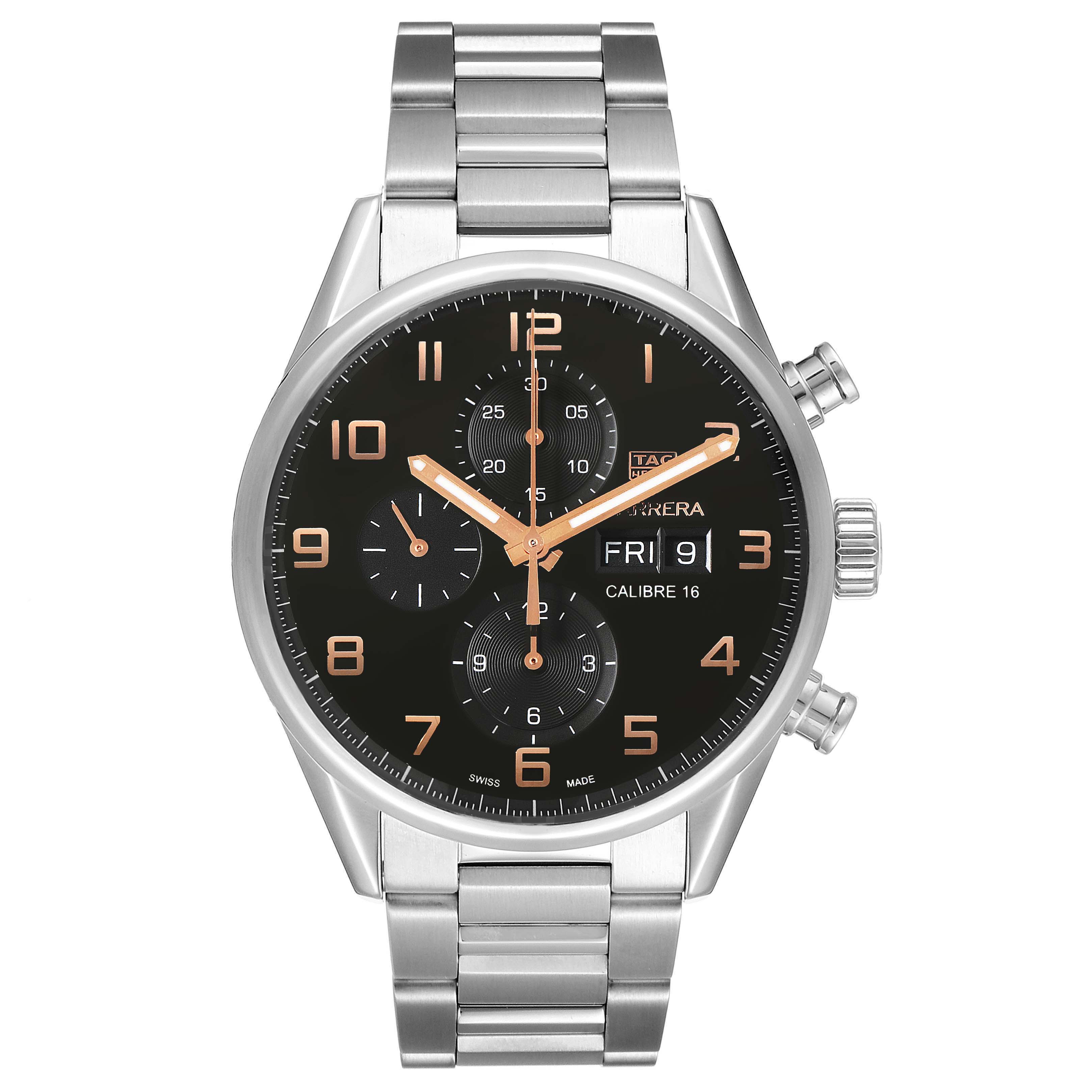 The image shows a front view of the Tag Heuer Carrera CV2A1AB.BA0738 Men
s Stainless Steel Black Dial CV2A1AB.BA0738 Men
s Stainless Steel Black Dial watch, highlighting the face, bezel, and metal bracelet.