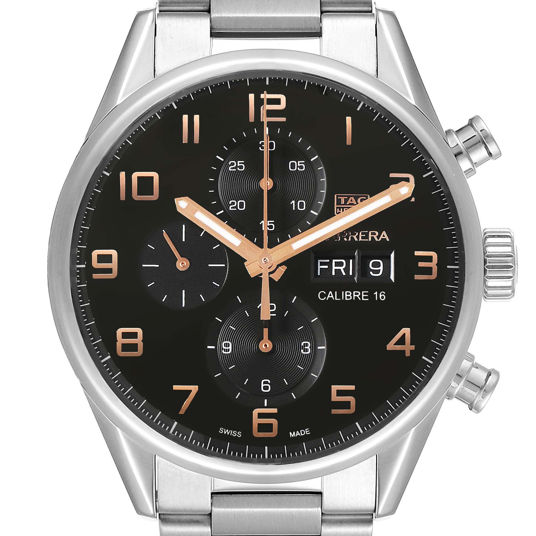 The image shows a front view of the Tag Heuer Carrera CV2A1AB.BA0738 Men
s Stainless Steel Black Dial CV2A1AB.BA0738 Men
s Stainless Steel Black Dial watch, highlighting its dial, hands, subdials, and crown.