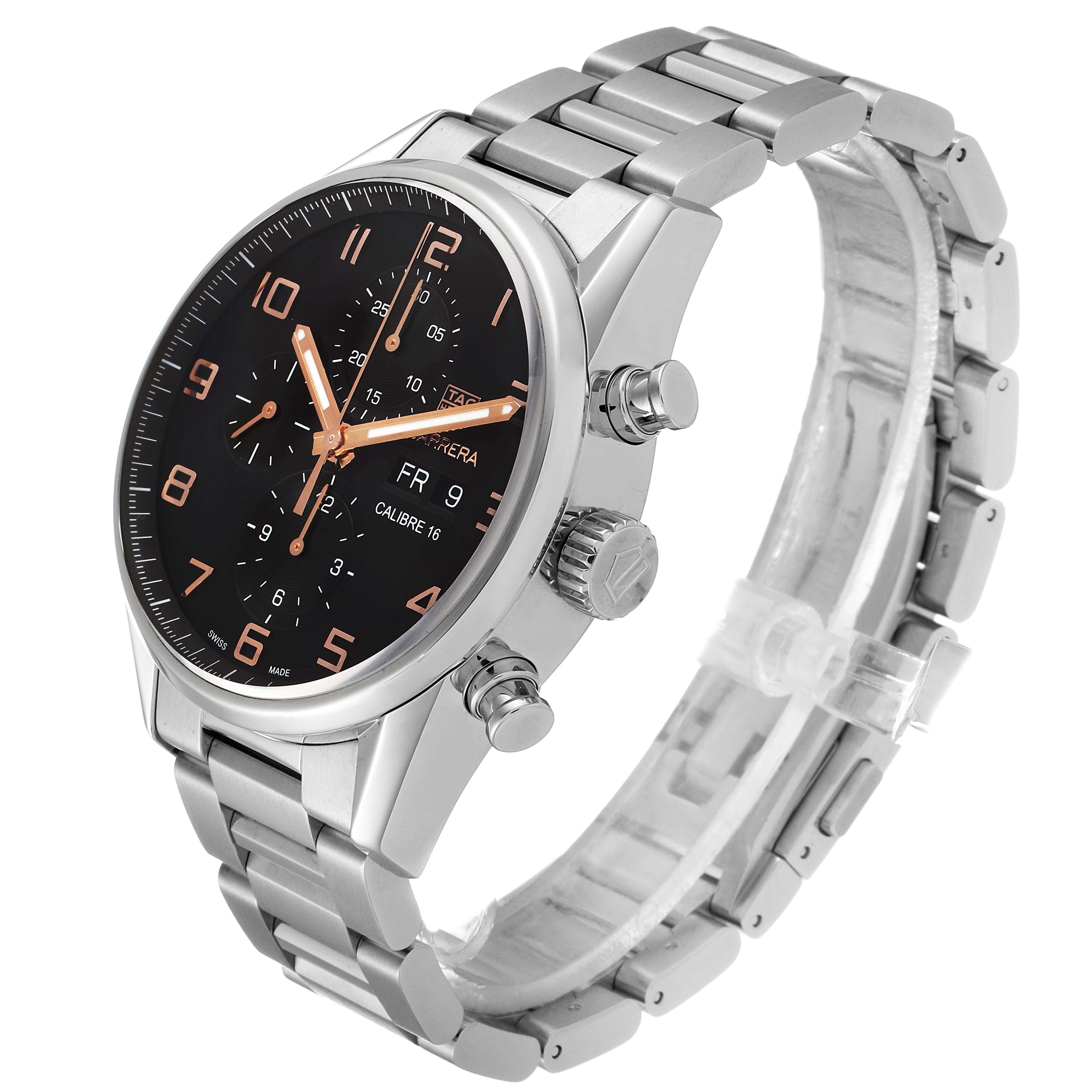 The Tag Heuer Carrera CV2A1AB.BA0738 Men
s Stainless Steel Black Dial CV2A1AB.BA0738 Men
s Stainless Steel Black Dial watch is shown at a slight angle, highlighting its face, crown, pushers, and metal bracelet.