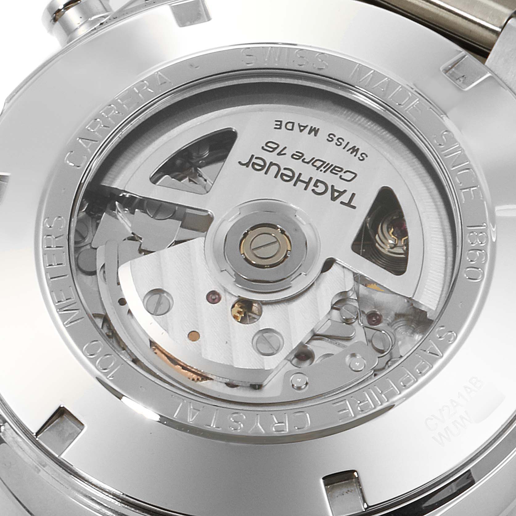 This image shows the rear view of a Tag Heuer Carrera CV2A1AB.BA0738 Men
s Stainless Steel Black Dial CV2A1AB.BA0738 Men
s Stainless Steel Black Dial watch, highlighting its automatic movement and engraved details.