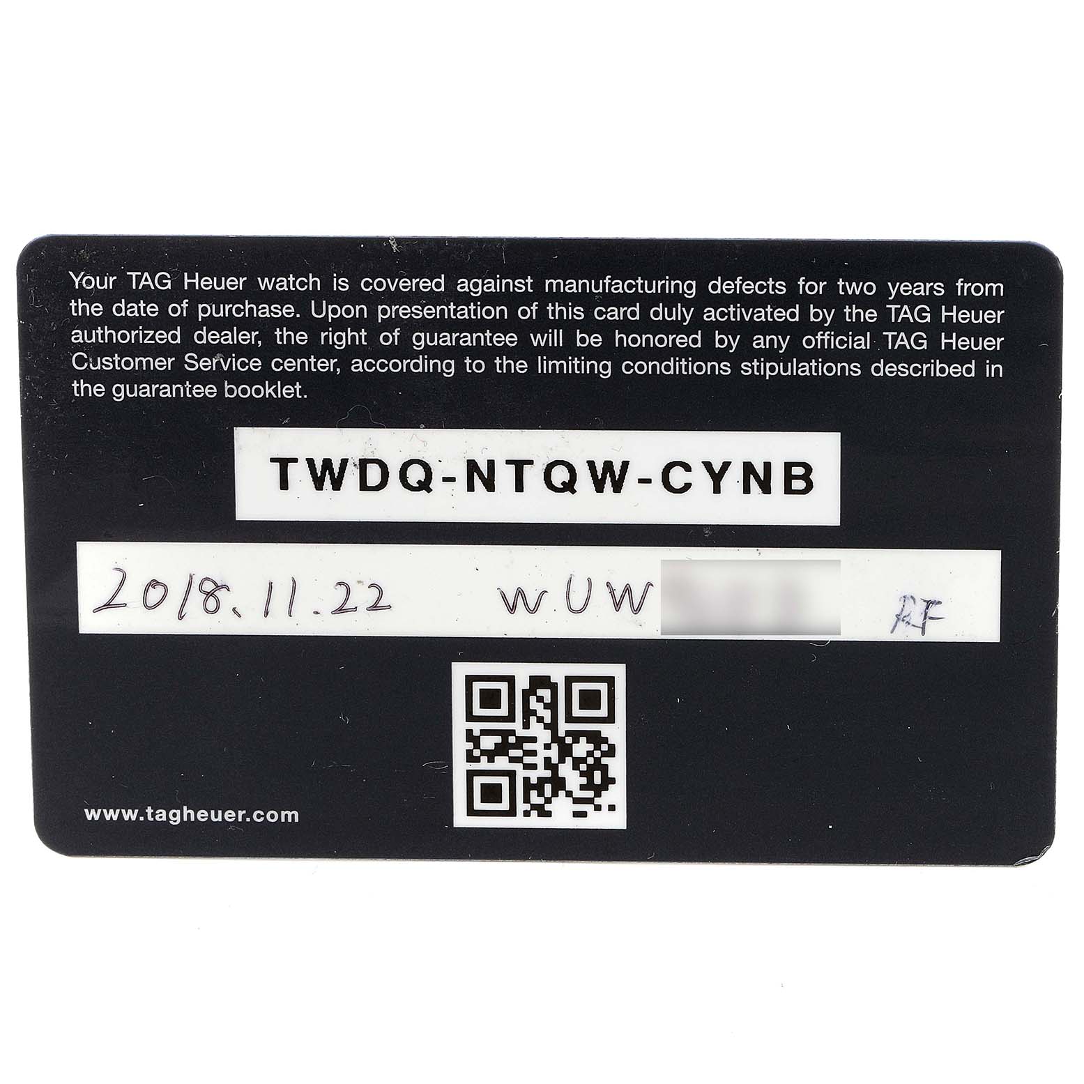 This image shows the warranty card for a Tag Heuer Carrera CV2A1AB.BA0738 Men
s Stainless Steel Black Dial CV2A1AB.BA0738 Men
s Stainless Steel Black Dial model watch.