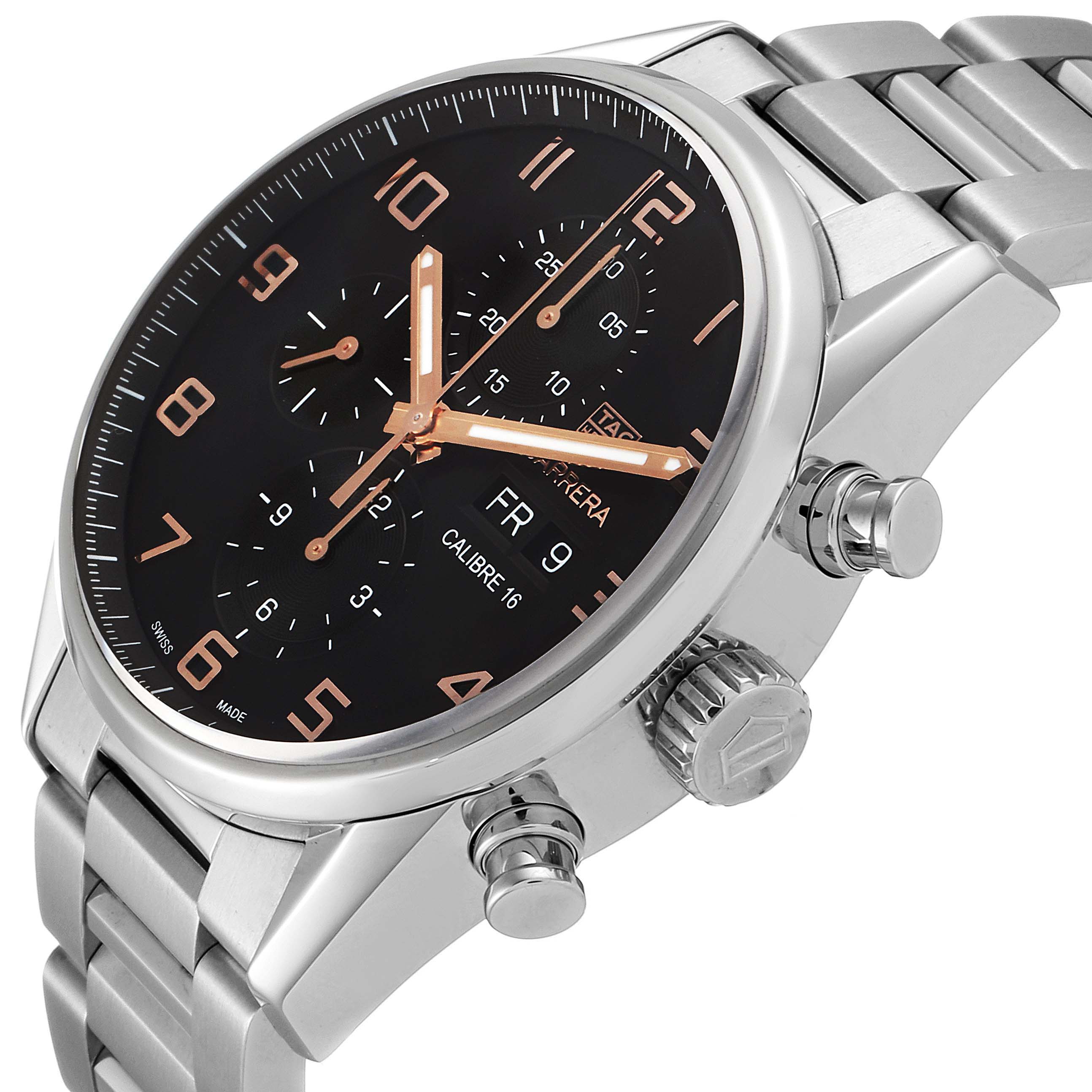 The image shows a close-up angle of a Tag Heuer Carrera CV2A1AB.BA0738 Men
s Stainless Steel Black Dial CV2A1AB.BA0738 Men
s Stainless Steel Black Dial watch, highlighting the face, dial, and crown with pushers.