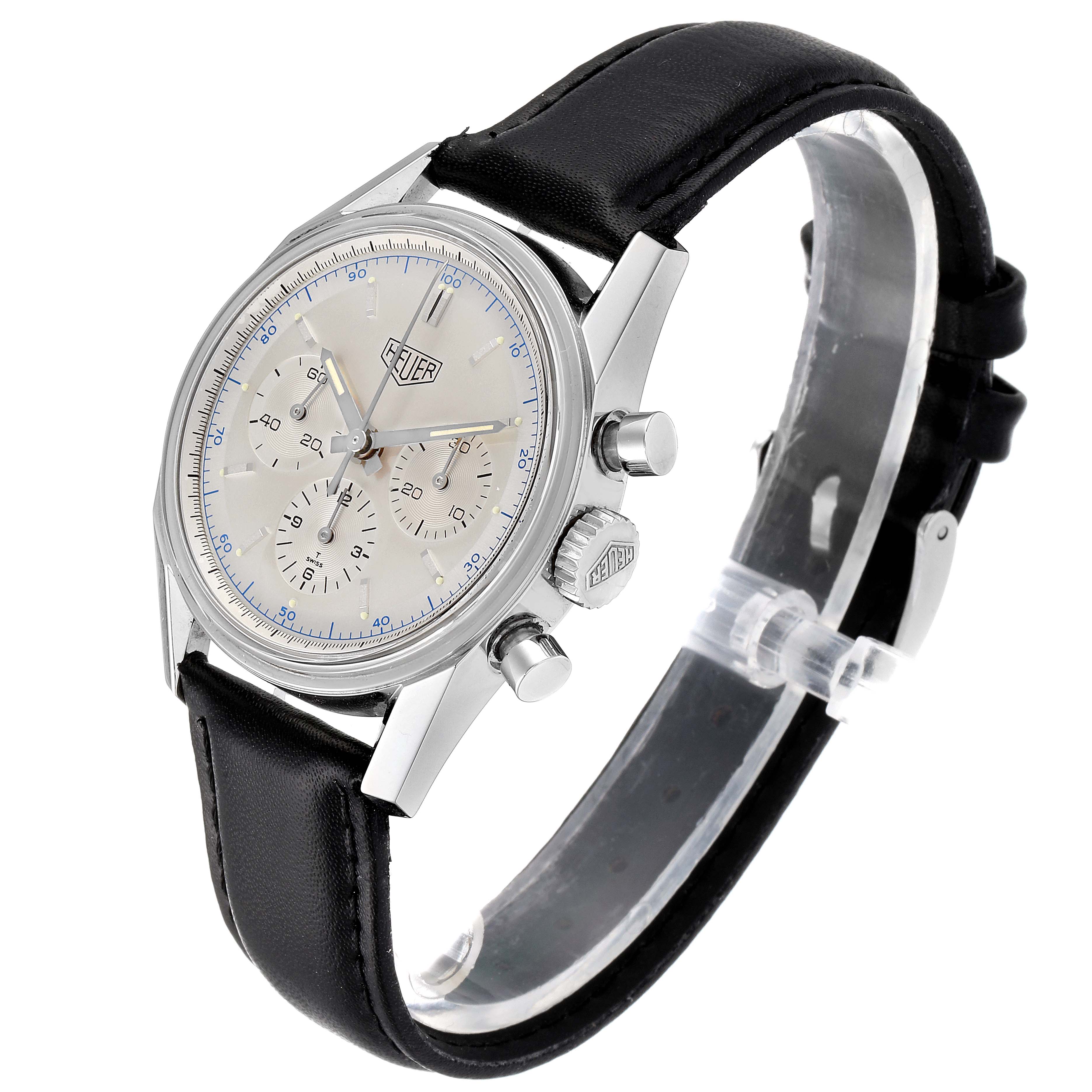 The Tag Heuer Carrera CS3110 Men's Stainless Steel Silver Dial CS3110 Men's Stainless Steel Silver Dial watch is shown at an angled front view, displaying the face, two pushers, crown, and a black leather strap.