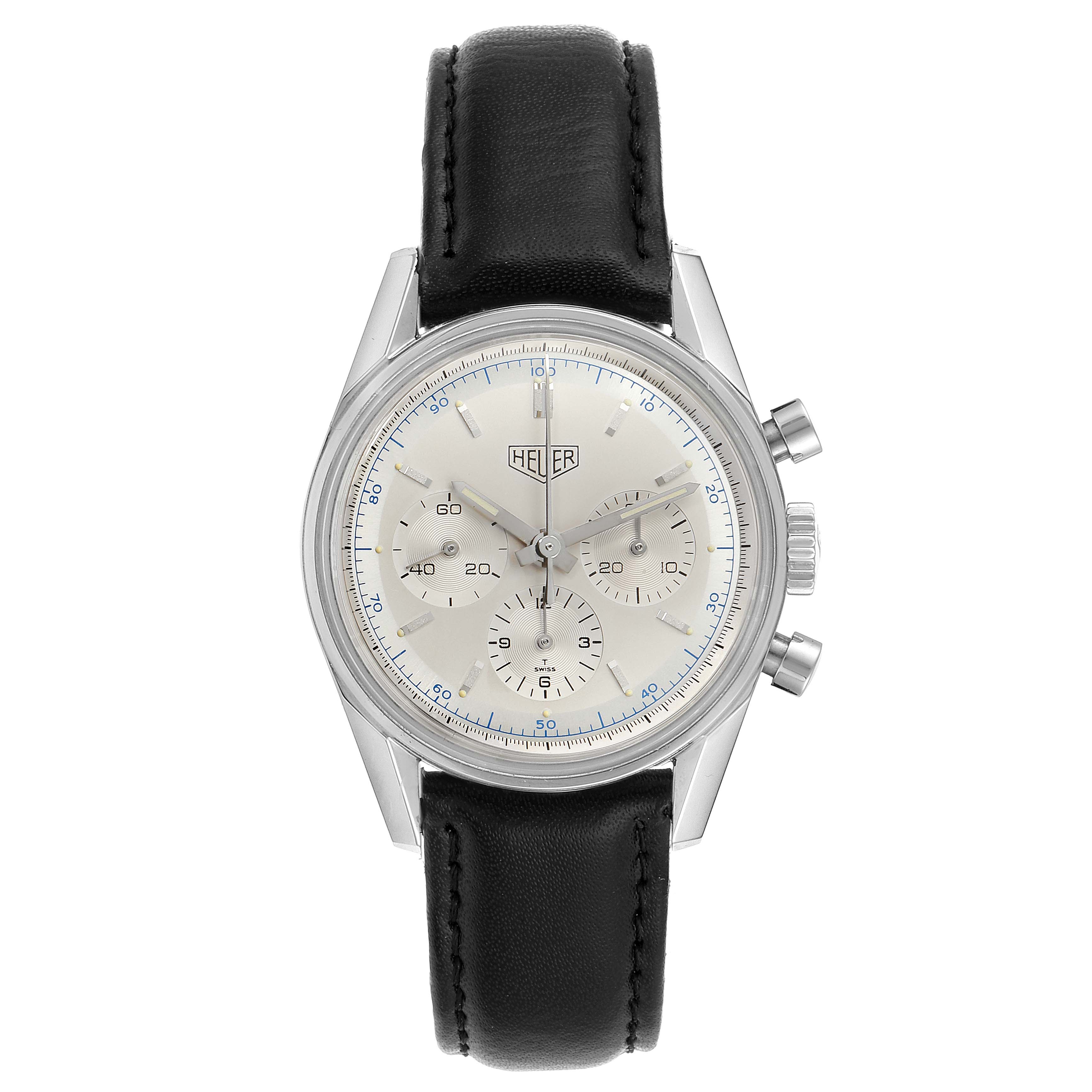 The image shows a frontal view of a Tag Heuer Carrera CS3110 Men's Stainless Steel Silver Dial CS3110 Men's Stainless Steel Silver Dial watch, highlighting the dial, subdials, case, crown, and pushers.