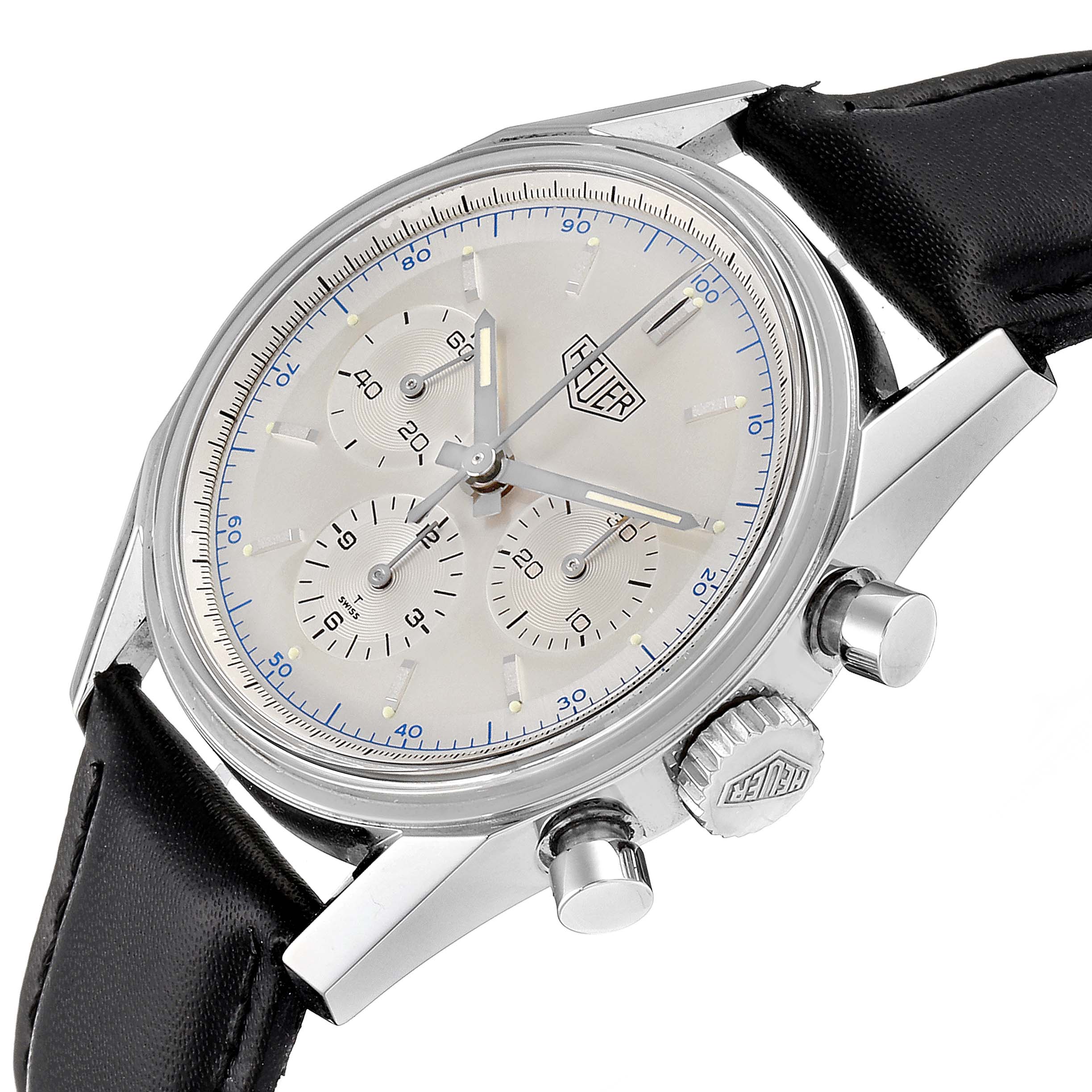 The image shows a side view of the Tag Heuer Carrera CS3110 Men's Stainless Steel Silver Dial CS3110 Men's Stainless Steel Silver Dial watch, featuring its dial, crown, and pushers, along with a black leather strap.