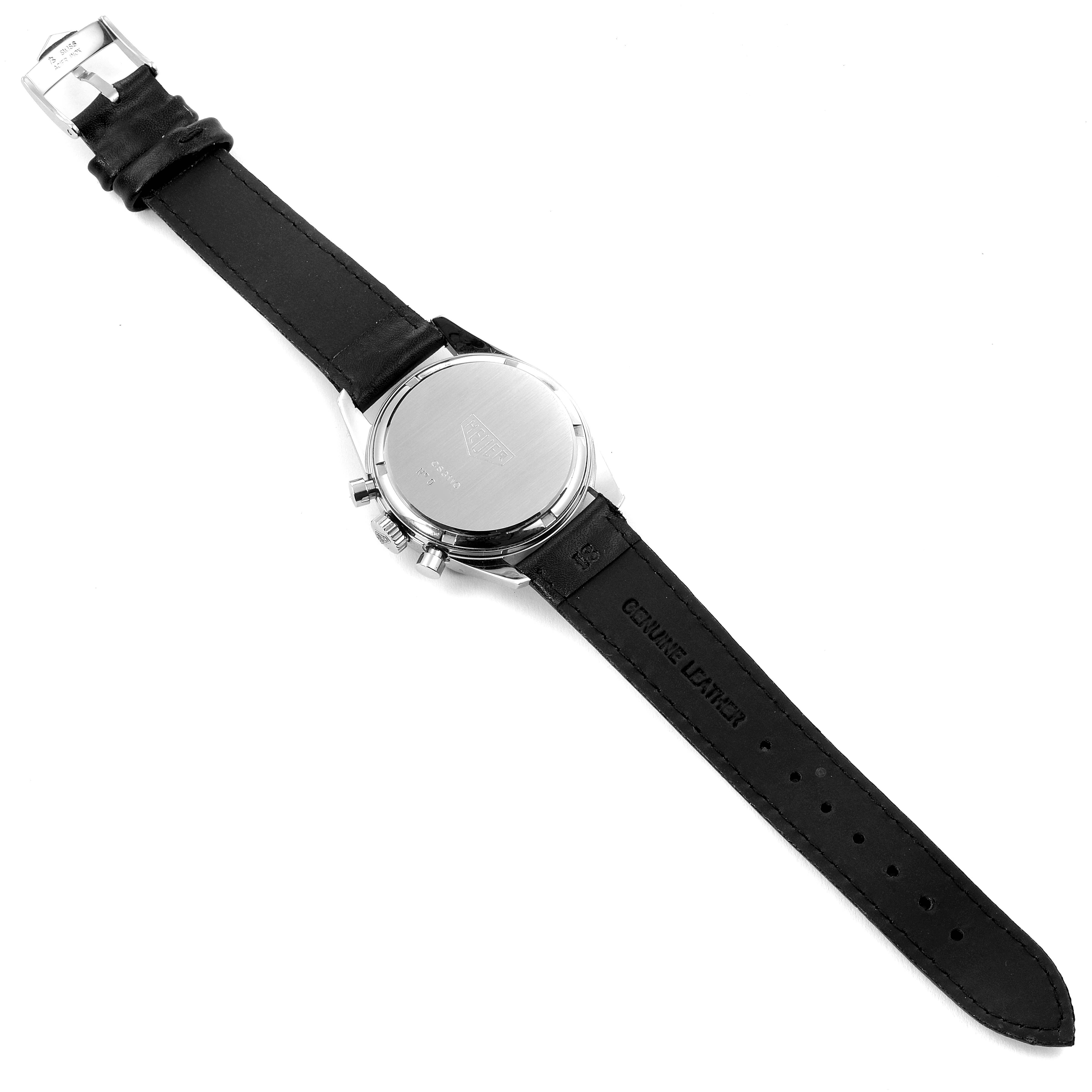 The image shows the back view of a Tag Heuer Carrera CS3110 Men's Stainless Steel Silver Dial CS3110 Men's Stainless Steel Silver Dial watch, highlighting the case back and black leather strap.