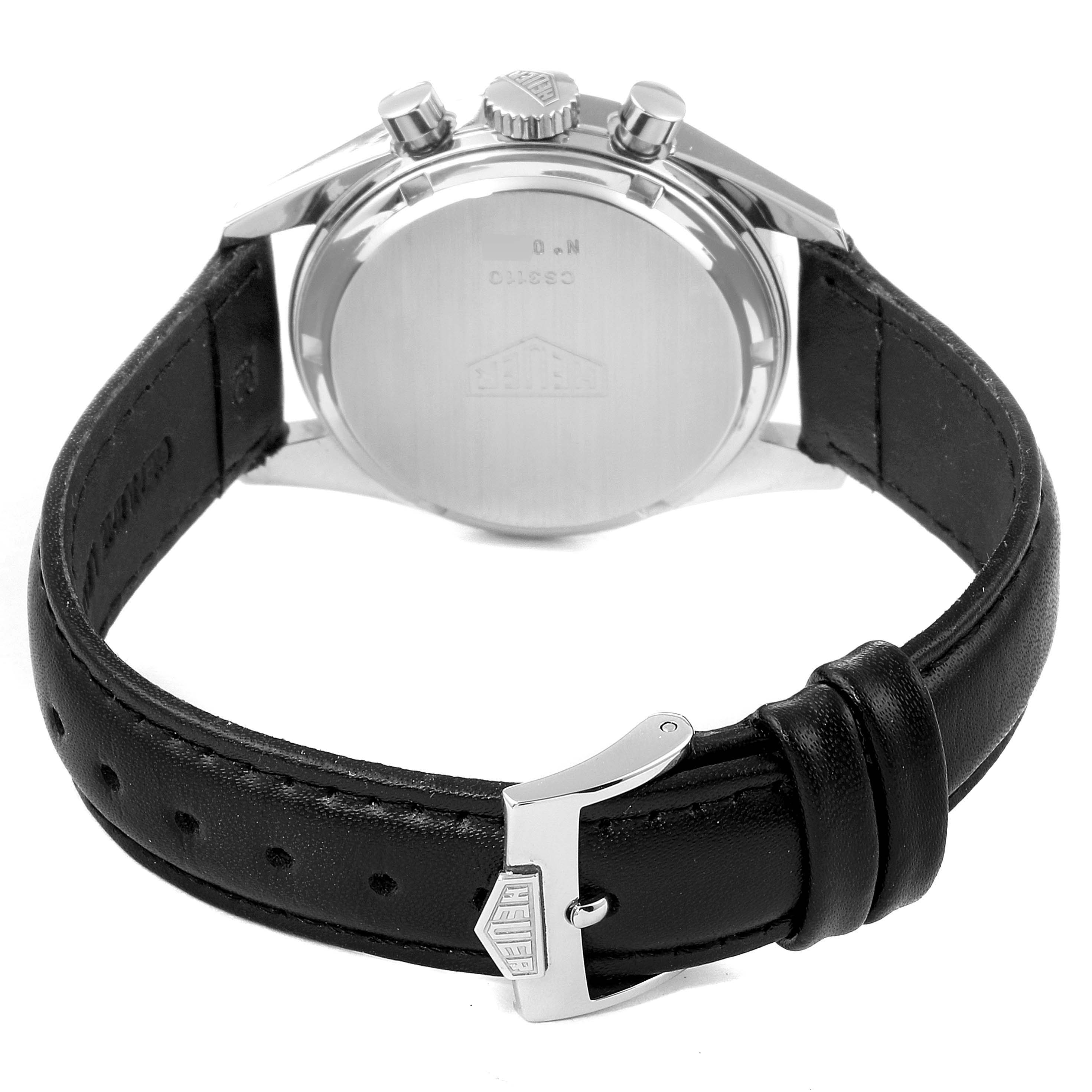 The image shows the back and clasp of a Tag Heuer Carrera CS3110 Men's Stainless Steel Silver Dial CS3110 Men's Stainless Steel Silver Dial watch with a black leather strap.