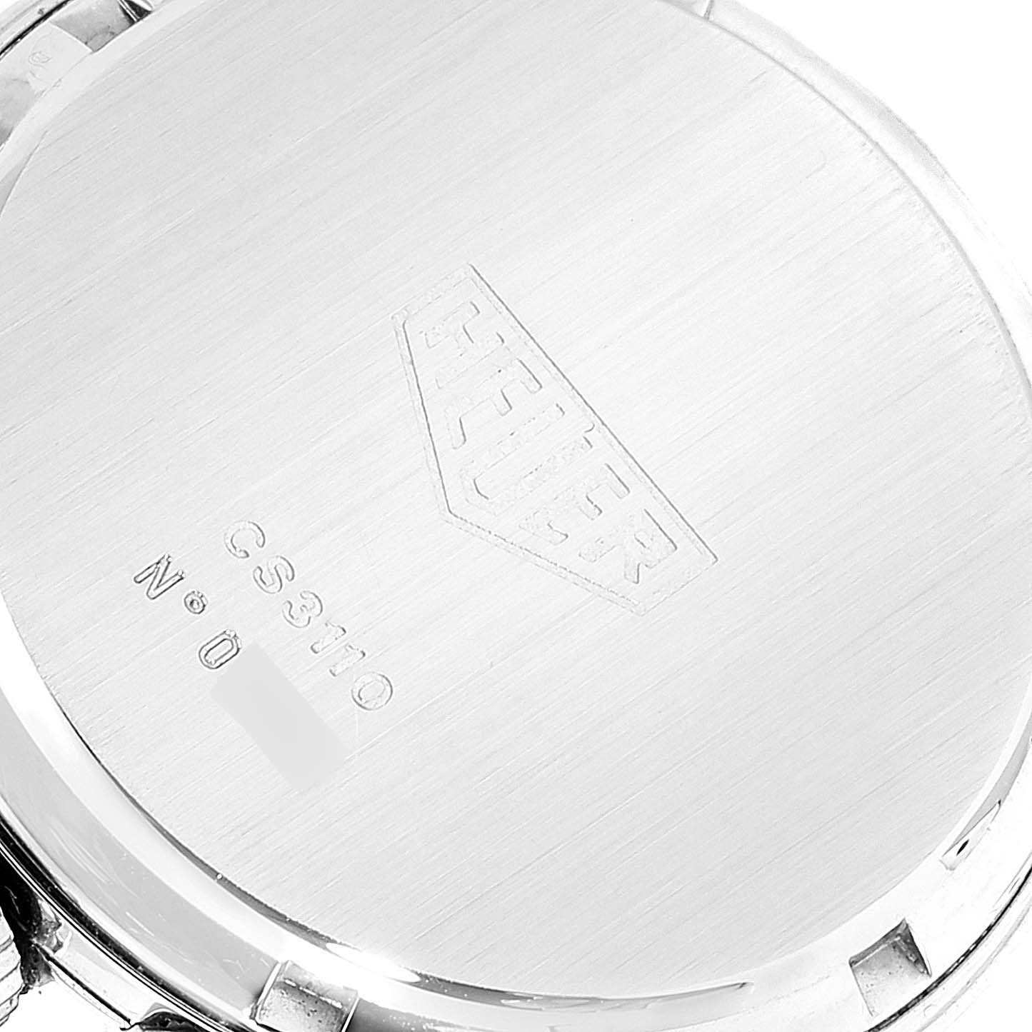 The image shows the back case of a Tag Heuer Carrera CS3110 Men's Stainless Steel Silver Dial CS3110 Men's Stainless Steel Silver Dial watch, highlighting the brand engraving and model identification.