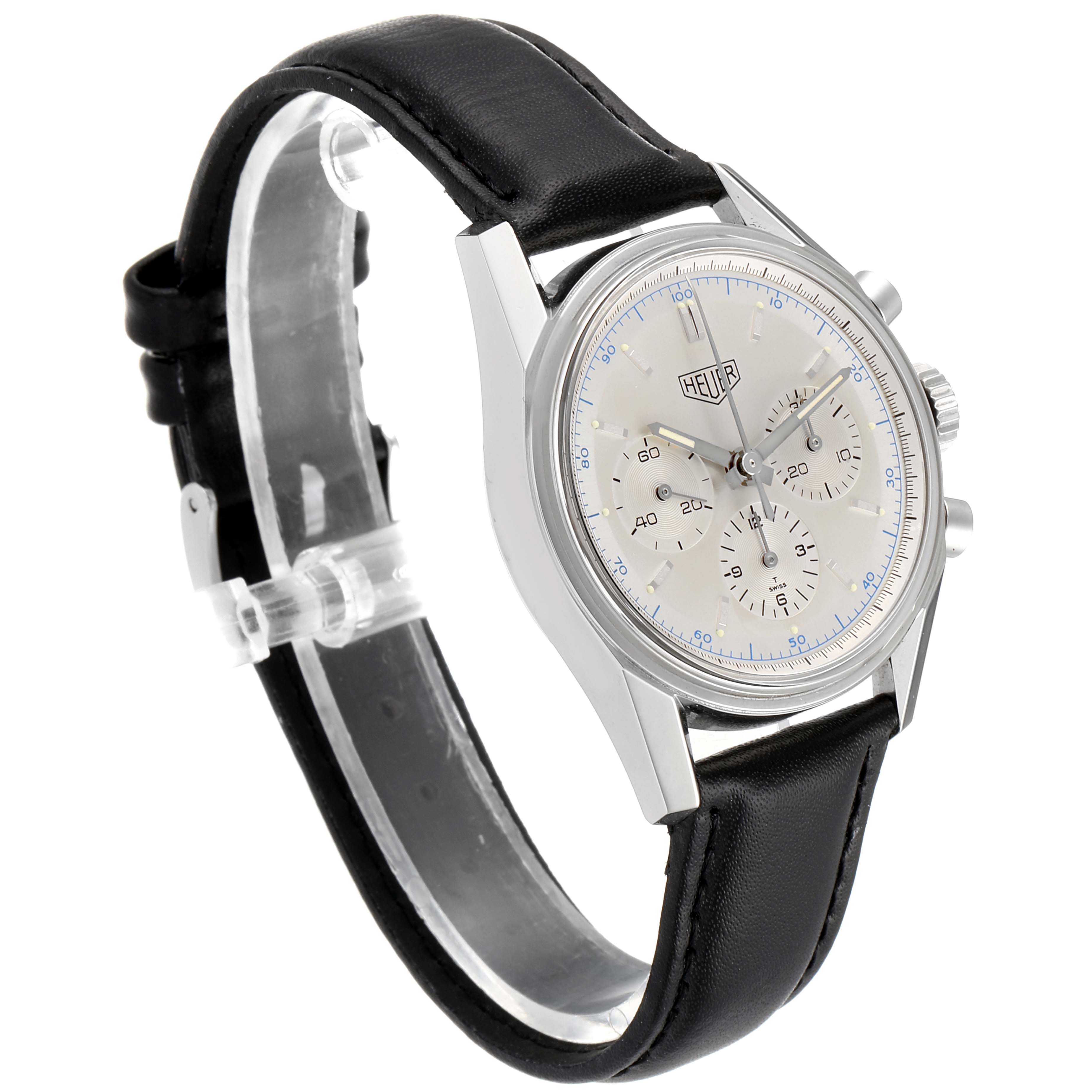 The Tag Heuer Carrera CS3110 Men's Stainless Steel Silver Dial CS3110 Men's Stainless Steel Silver Dial watch is shown at a slight side angle, highlighting the dial, case, and black leather strap.