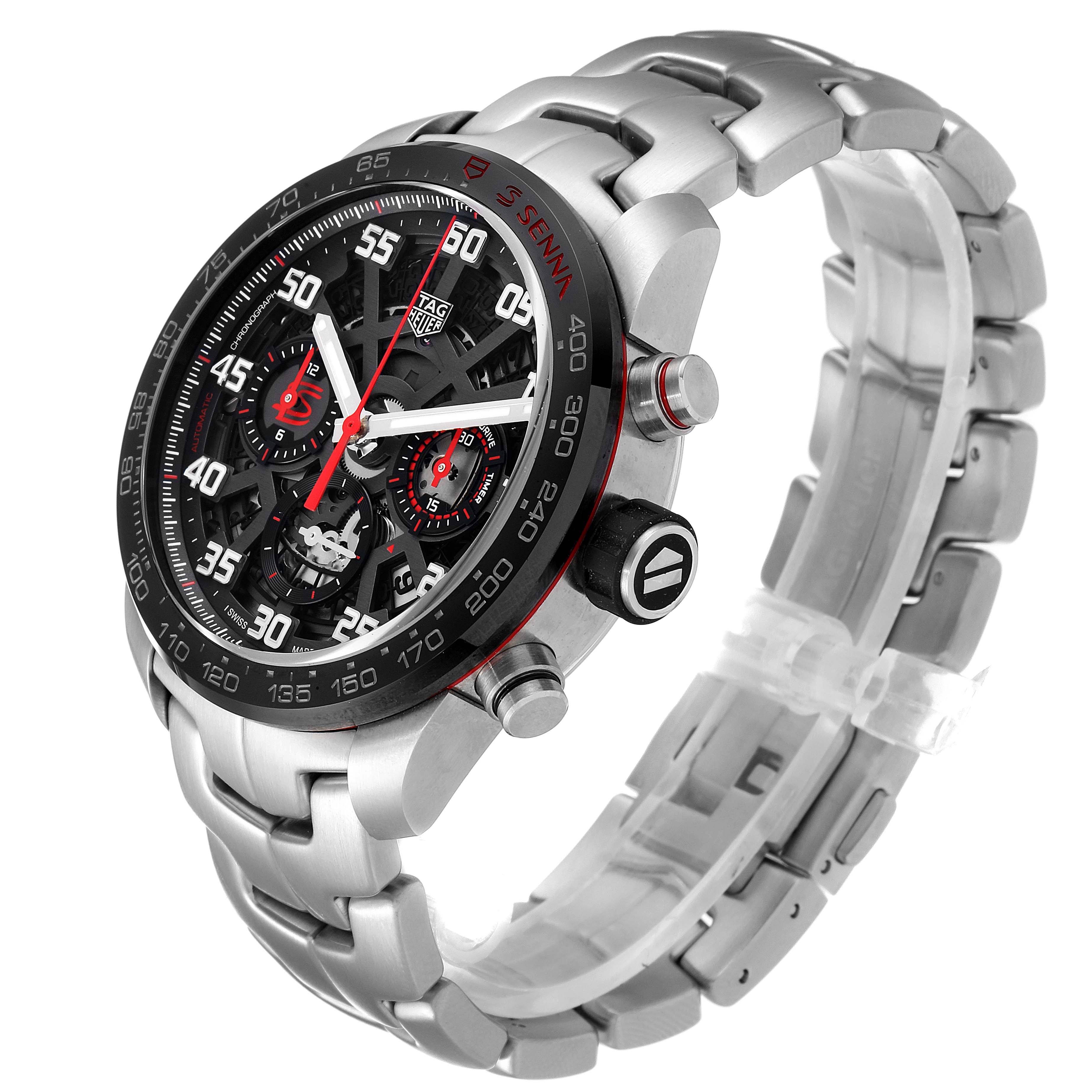 The image shows the side angle of a Tag Heuer Carrera CBG2013.BA0657 Men's Stainless Steel Transparent Dial CBG2013.BA0657 Men's Stainless Steel Transparent Dial watch, displaying the face, bezel, and stainless steel bracelet.