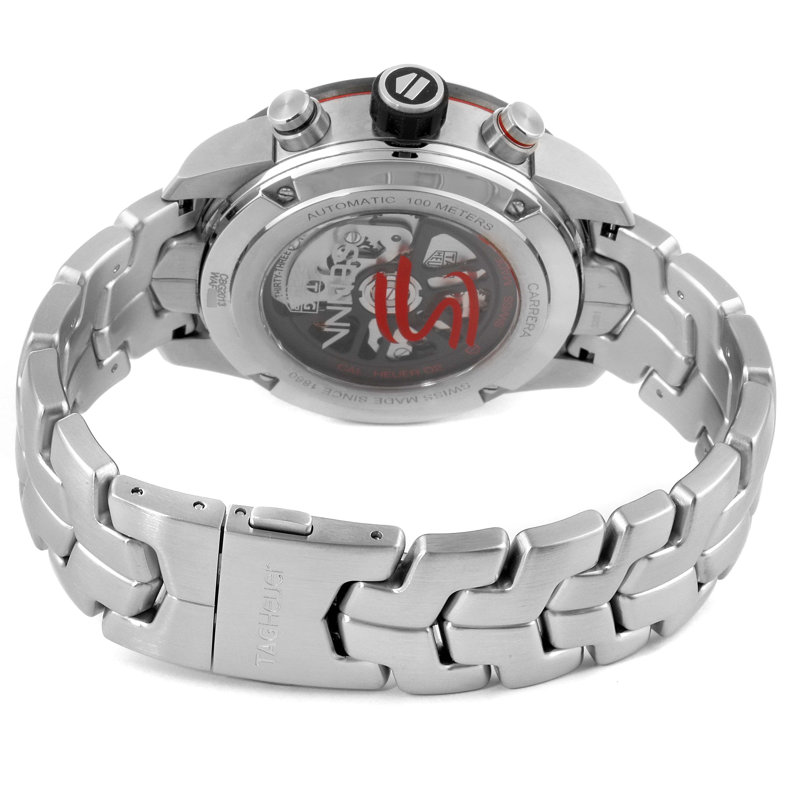 The image shows the back view of the Tag Heuer Carrera CBG2013.BA0657 Men's Stainless Steel Transparent Dial CBG2013.BA0657 Men's Stainless Steel Transparent Dial watch, highlighting the clasp, bracelet, and back case.