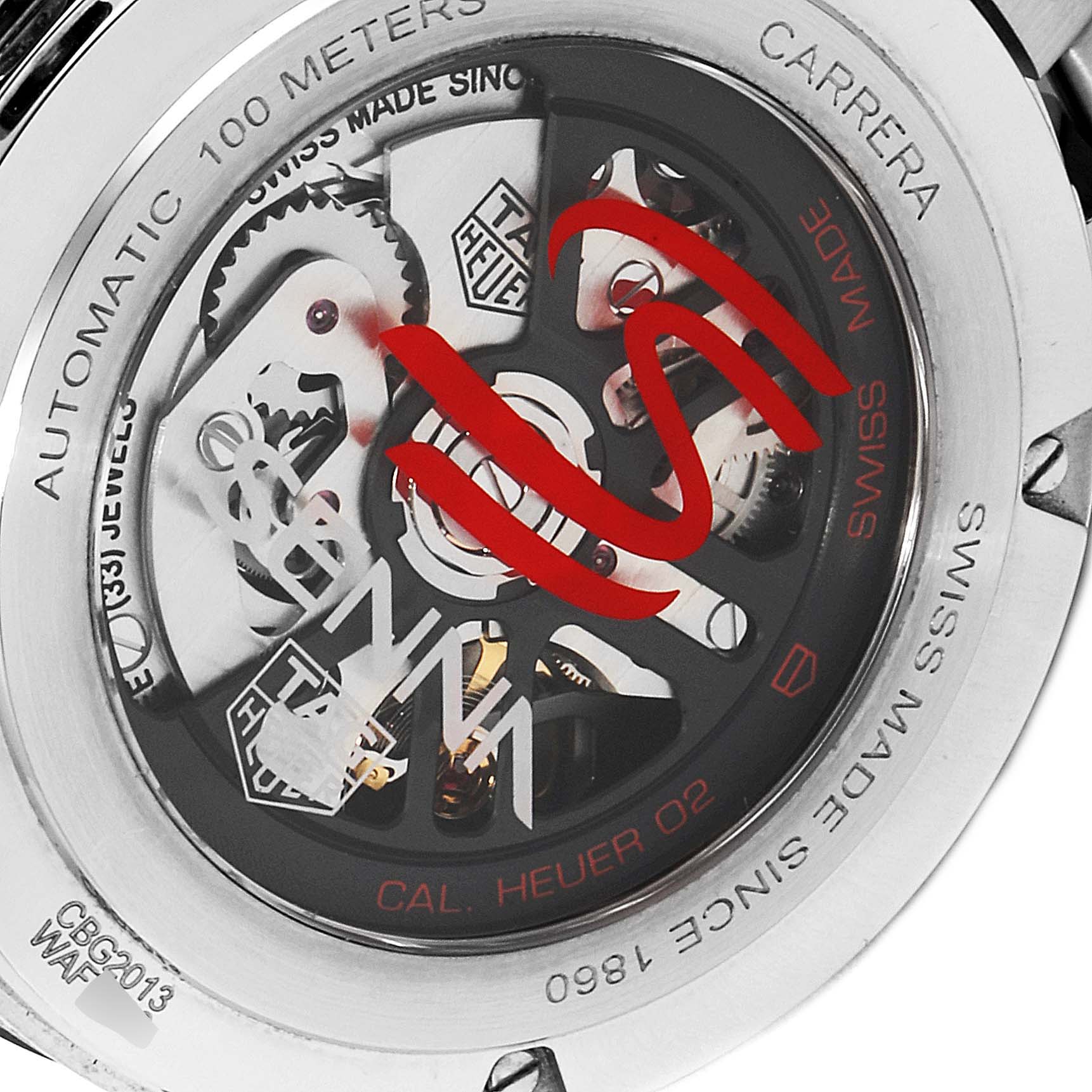 The image shows the back of a Tag Heuer Carrera CBG2013.BA0657 Men's Stainless Steel Transparent Dial CBG2013.BA0657 Men's Stainless Steel Transparent Dial watch, revealing its automatic movement and inner mechanisms.