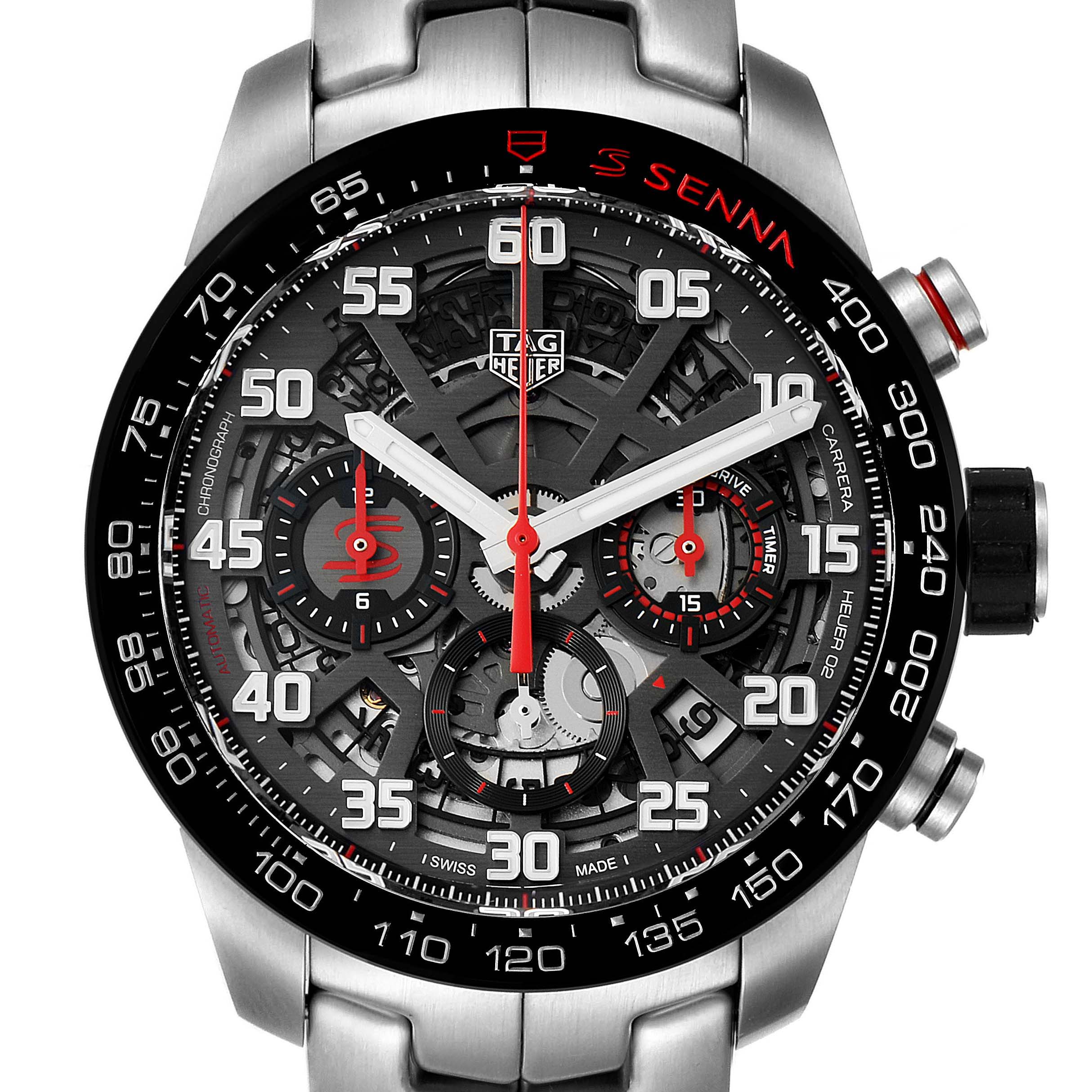 This is a frontal view of the Tag Heuer Carrera CBG2013.BA0657 Men's Stainless Steel Transparent Dial CBG2013.BA0657 Men's Stainless Steel Transparent Dial watch, displaying its dial, bezel, and part of the metal bracelet.