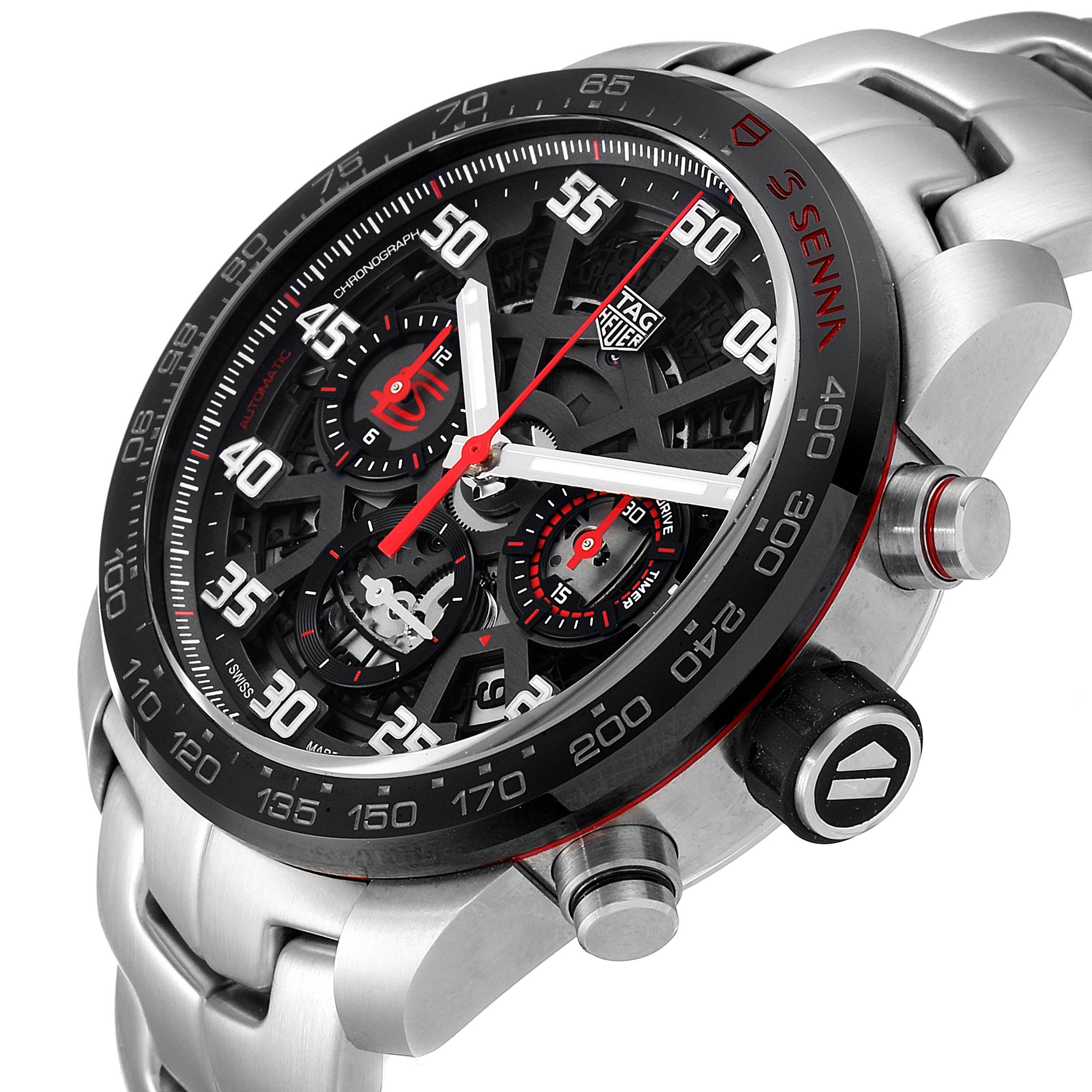 The image shows a close-up, angled view of the dial and side controls of a Tag Heuer Carrera CBG2013.BA0657 Men's Stainless Steel Transparent Dial CBG2013.BA0657 Men's Stainless Steel Transparent Dial model watch.