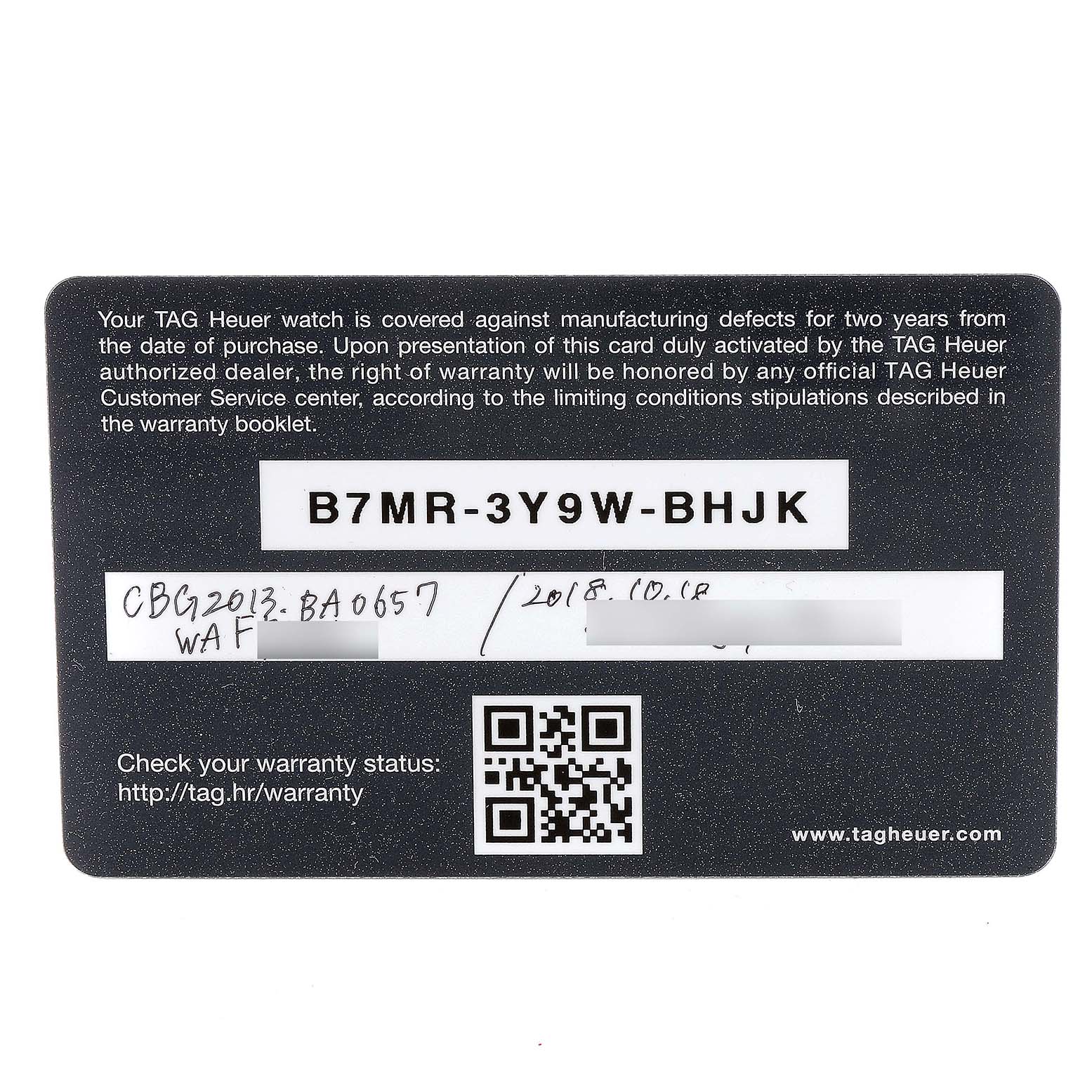 The image shows the warranty card for a Carrera model by Tag Heuer.