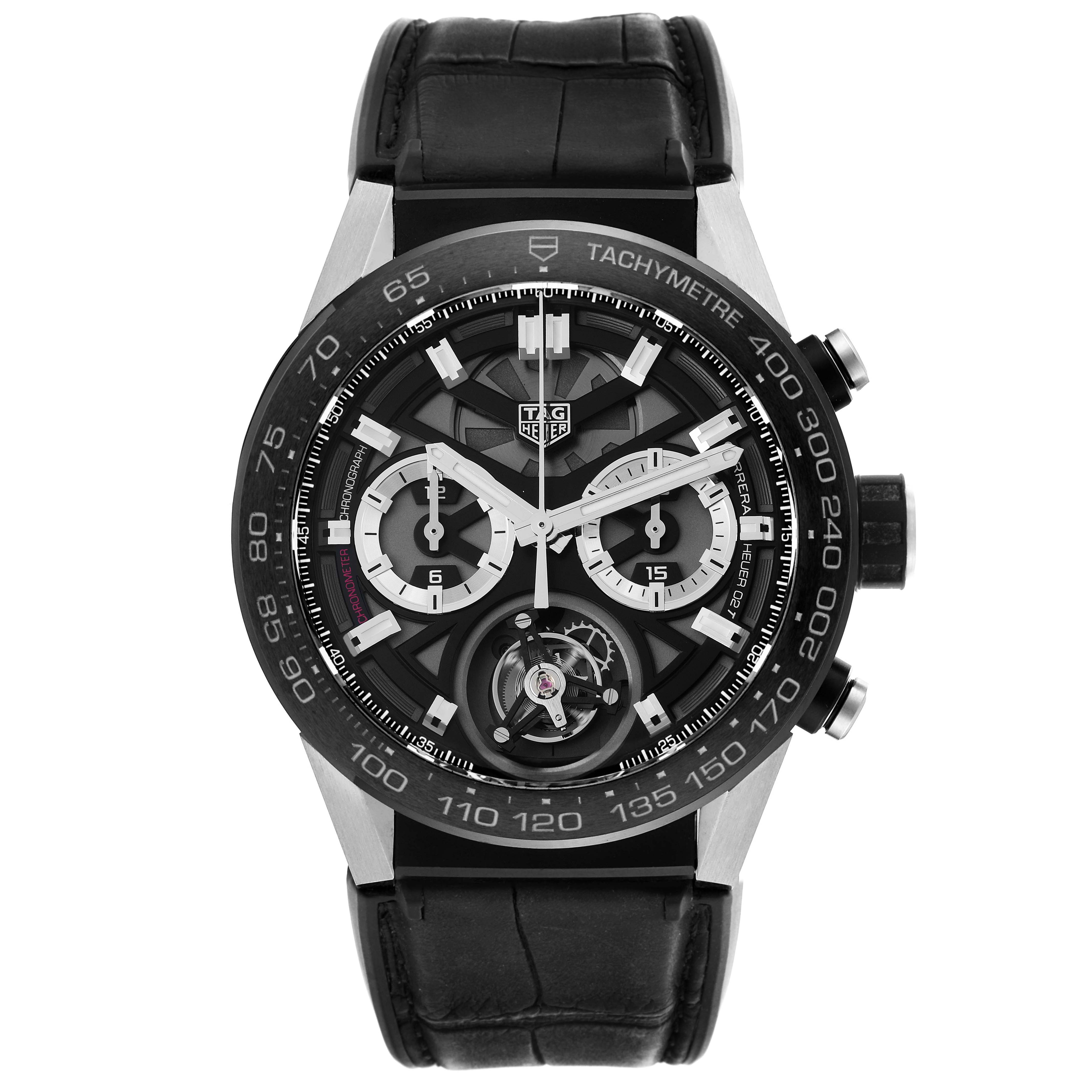 The Tag Heuer Carrera CAR5A8Y.FC6377 Men's Titanium Transparent Dial CAR5A8Y.FC6377 Men's Titanium Transparent Dial watch is shown from a front angle, displaying its dial and tachymeter features.