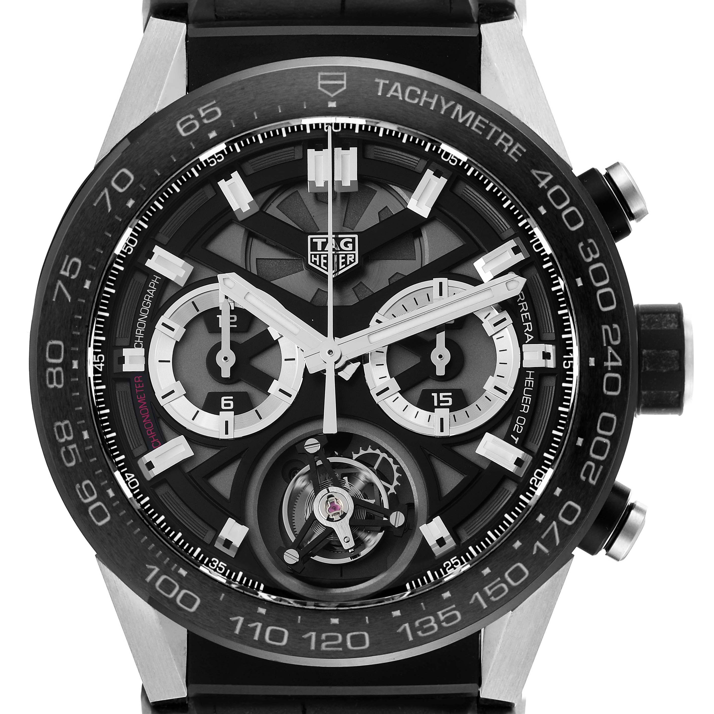 The image shows a front view of the Tag Heuer Carrera CAR5A8Y.FC6377 Men's Titanium Transparent Dial CAR5A8Y.FC6377 Men's Titanium Transparent Dial watch, highlighting the dial, bezel, and pushers.
