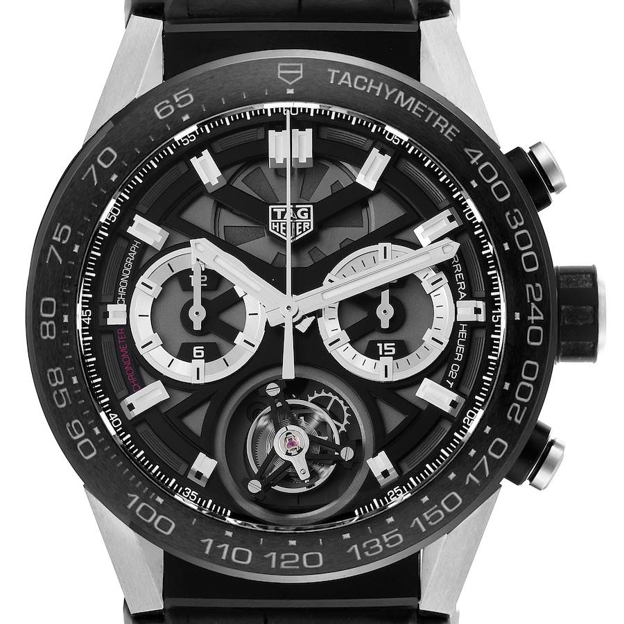 The image shows a front view of the Tag Heuer Carrera watch, highlighting the dial, bezel, and pushers.