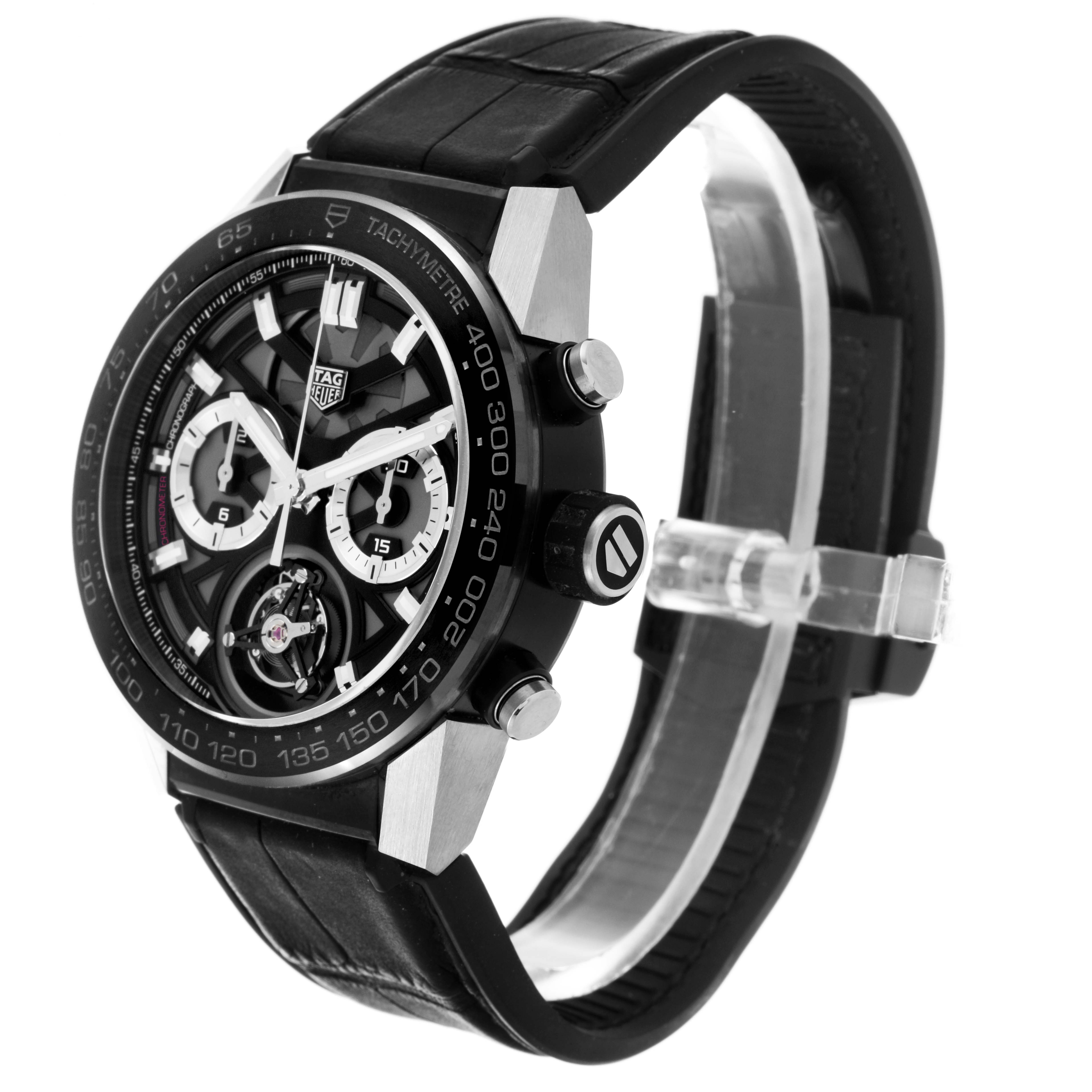 The Tag Heuer Carrera CAR5A8Y.FC6377 Men's Titanium Transparent Dial CAR5A8Y.FC6377 Men's Titanium Transparent Dial watch is shown at an angle highlighting the face, tachymeter bezel, crown, and chronograph pushers.