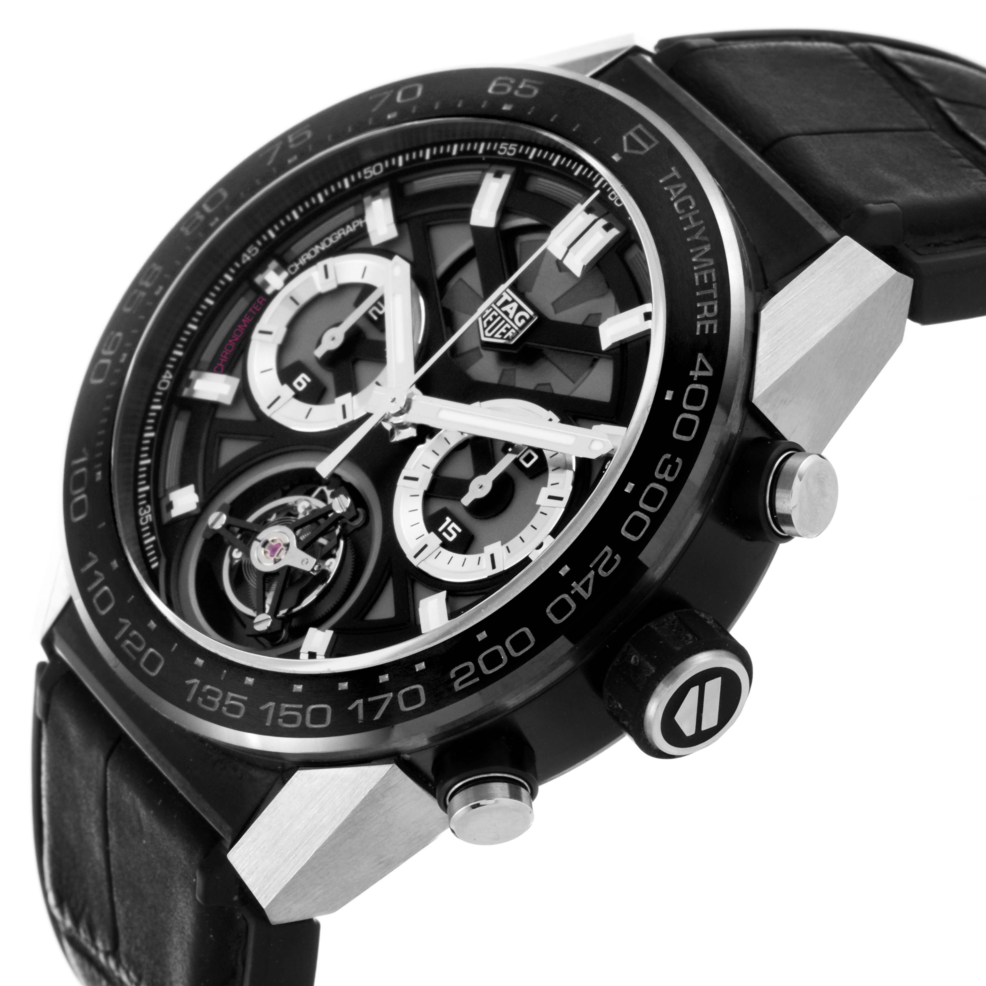 The Tag Heuer Carrera CAR5A8Y.FC6377 Men's Titanium Transparent Dial CAR5A8Y.FC6377 Men's Titanium Transparent Dial watch is shown in a side angle, displaying the face, tachymeter bezel, and crown.