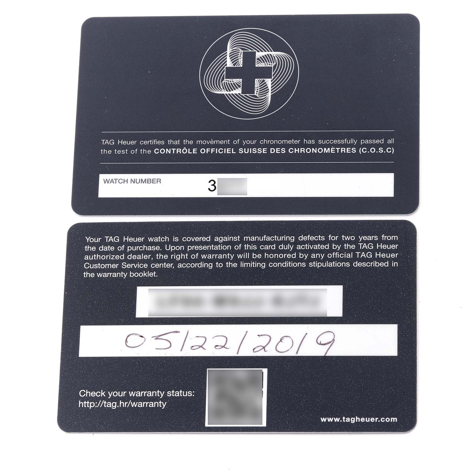 The image shows warranty cards for a Tag Heuer Carrera CAR5A8Y.FC6377 Men's Titanium Transparent Dial CAR5A8Y.FC6377 Men's Titanium Transparent Dial watch, providing certification and warranty details.