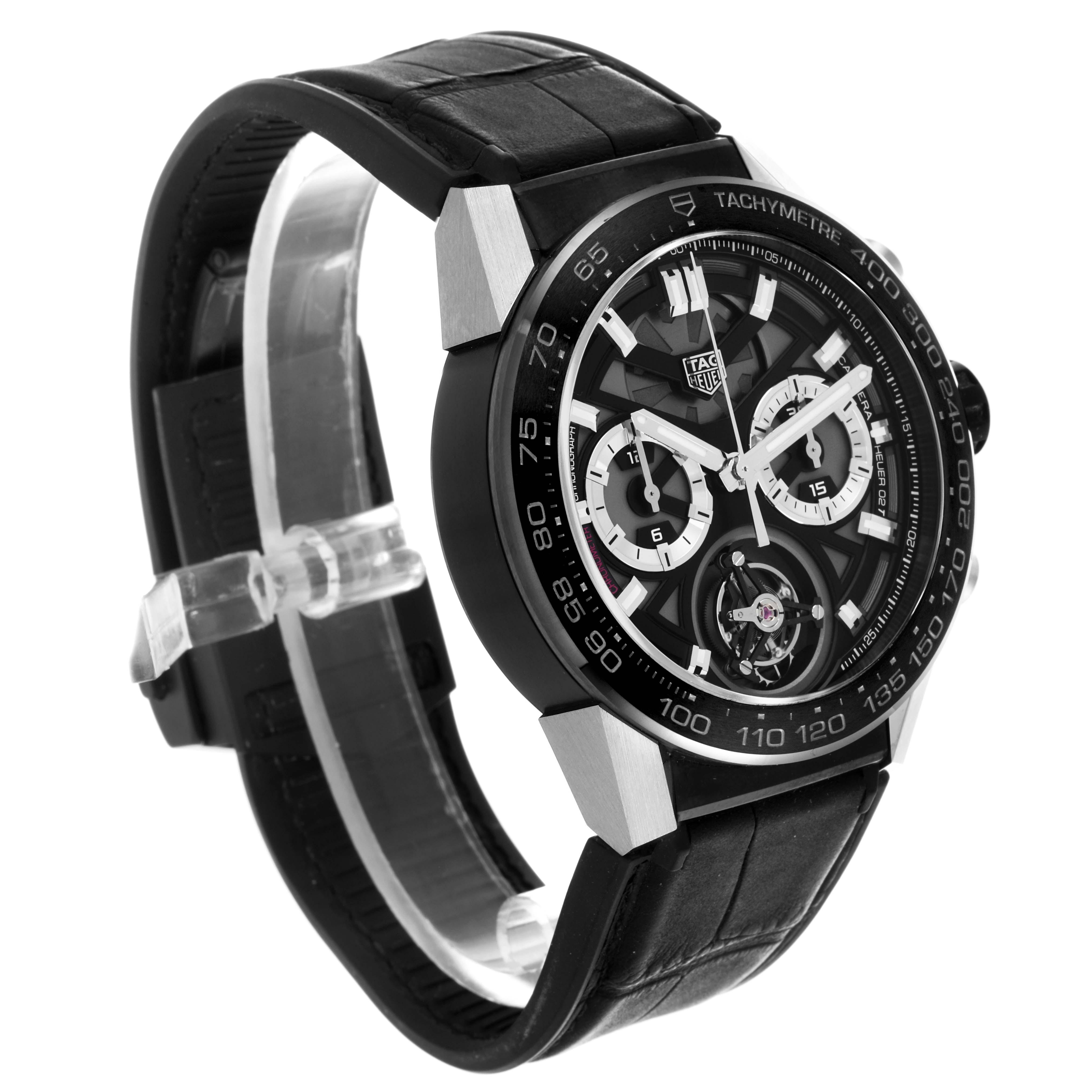 The Tag Heuer Carrera CAR5A8Y.FC6377 Men's Titanium Transparent Dial CAR5A8Y.FC6377 Men's Titanium Transparent Dial watch is shown at a three-quarter angle, highlighting its face, bezel, and strap.