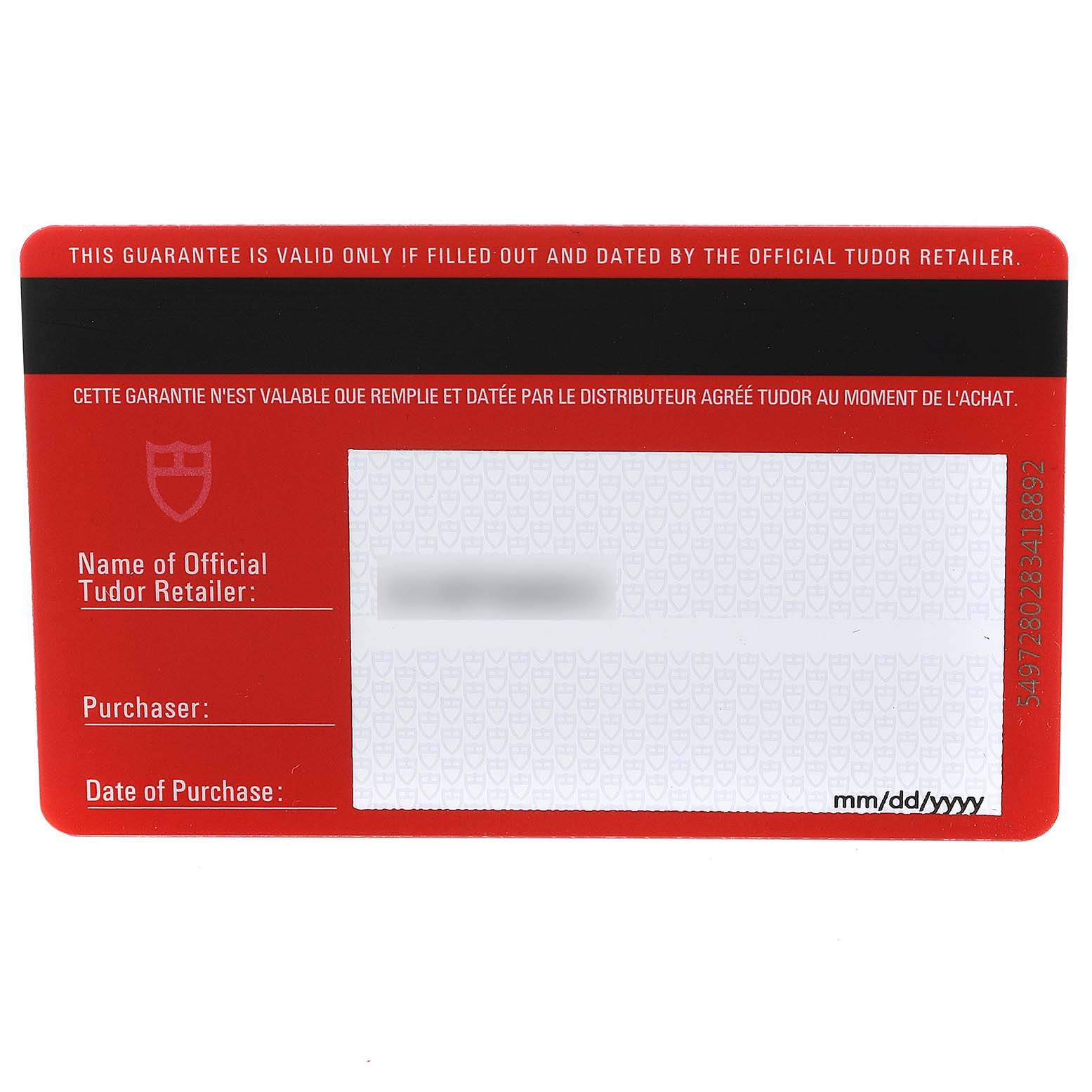 This image shows the guarantee card for the Tudor Heritage Black Bay 79500 Men
s Stainless Steel Black Dial 79500 Men
s Stainless Steel Black Dial model, including fields for retailer details and purchase information.