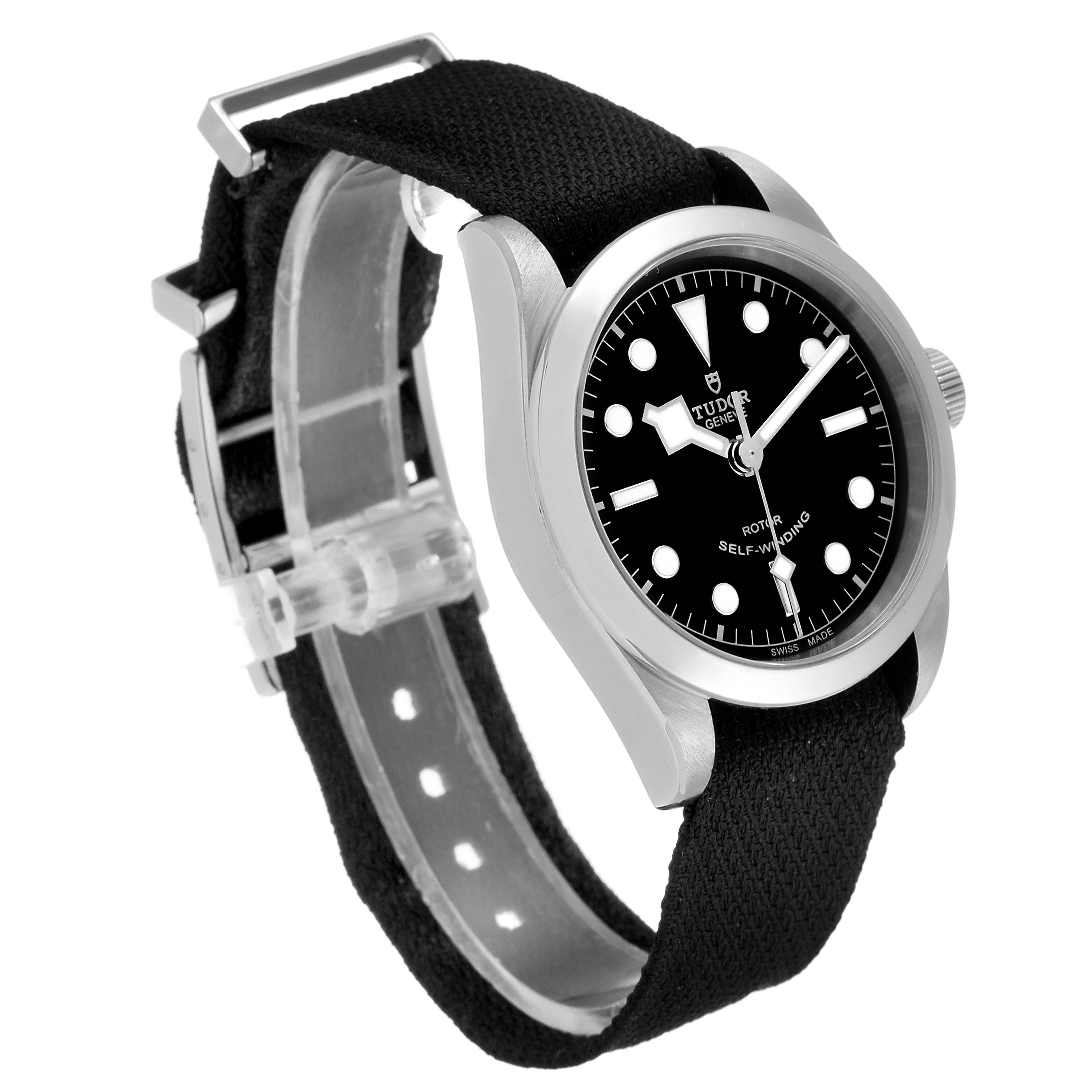 A Tudor Heritage Black Bay 79500 Men
s Stainless Steel Black Dial 79500 Men
s Stainless Steel Black Dial watch is shown at a three-quarter angle, displaying the face, case, crown, and cloth strap with buckle.