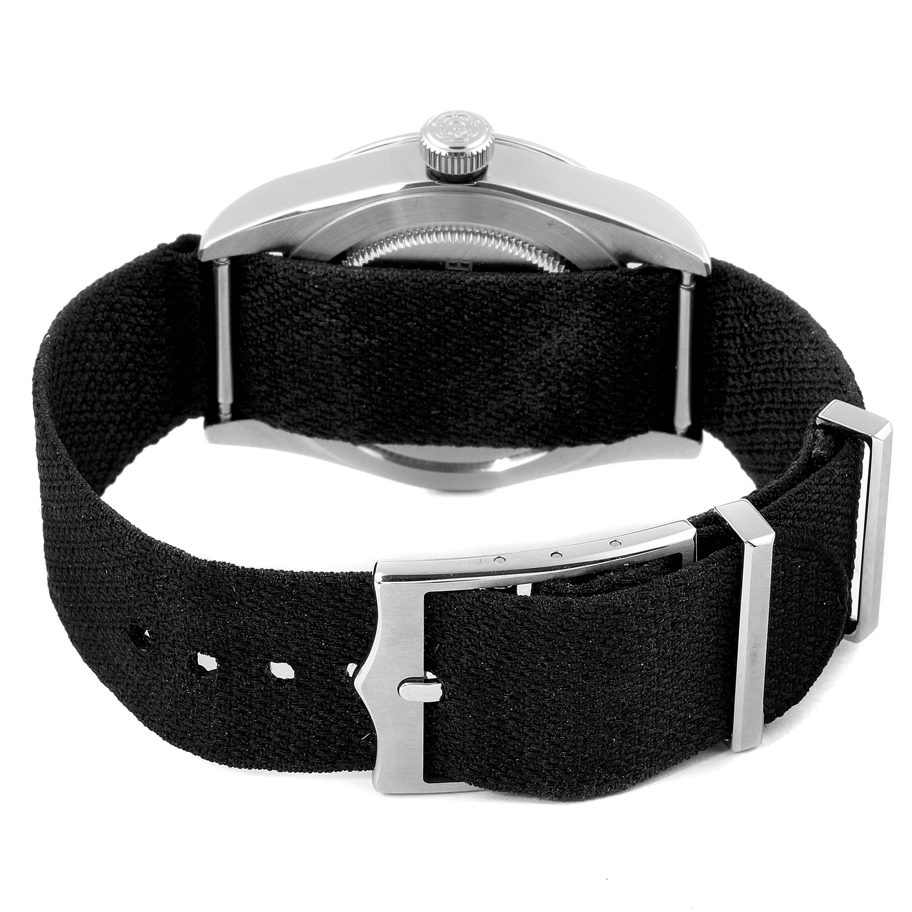 This image displays the back side angle of the Tudor Heritage Black Bay 79500 Men
s Stainless Steel Black Dial 79500 Men
s Stainless Steel Black Dial watch, emphasizing the strap and buckle.