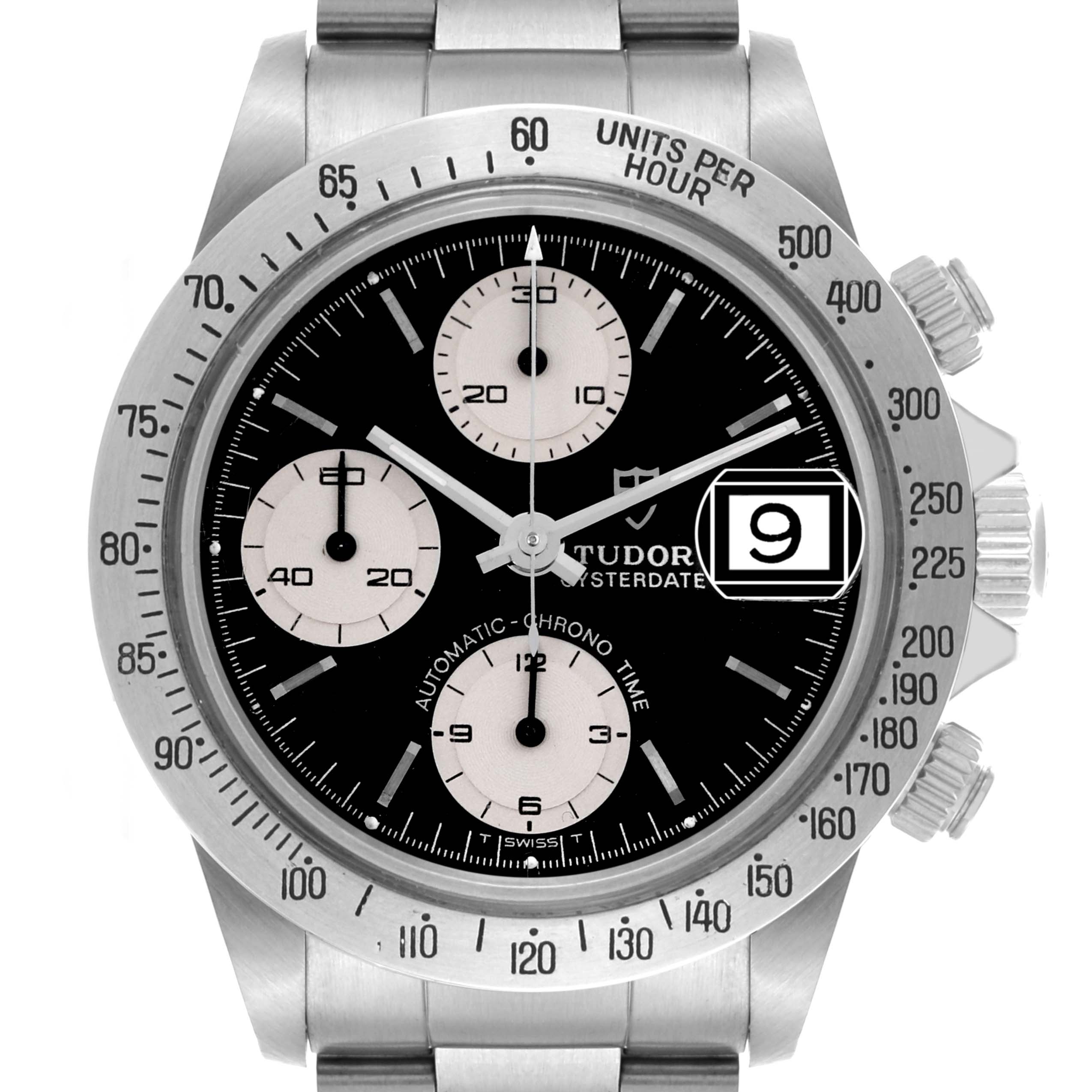 The Tudor Prince 79180 Men's Stainless Steel Black Dial 79180 Men's Stainless Steel Black Dial watch is shown from a frontal angle, highlighting the dial, bezel, subdials, crown, and pushers.