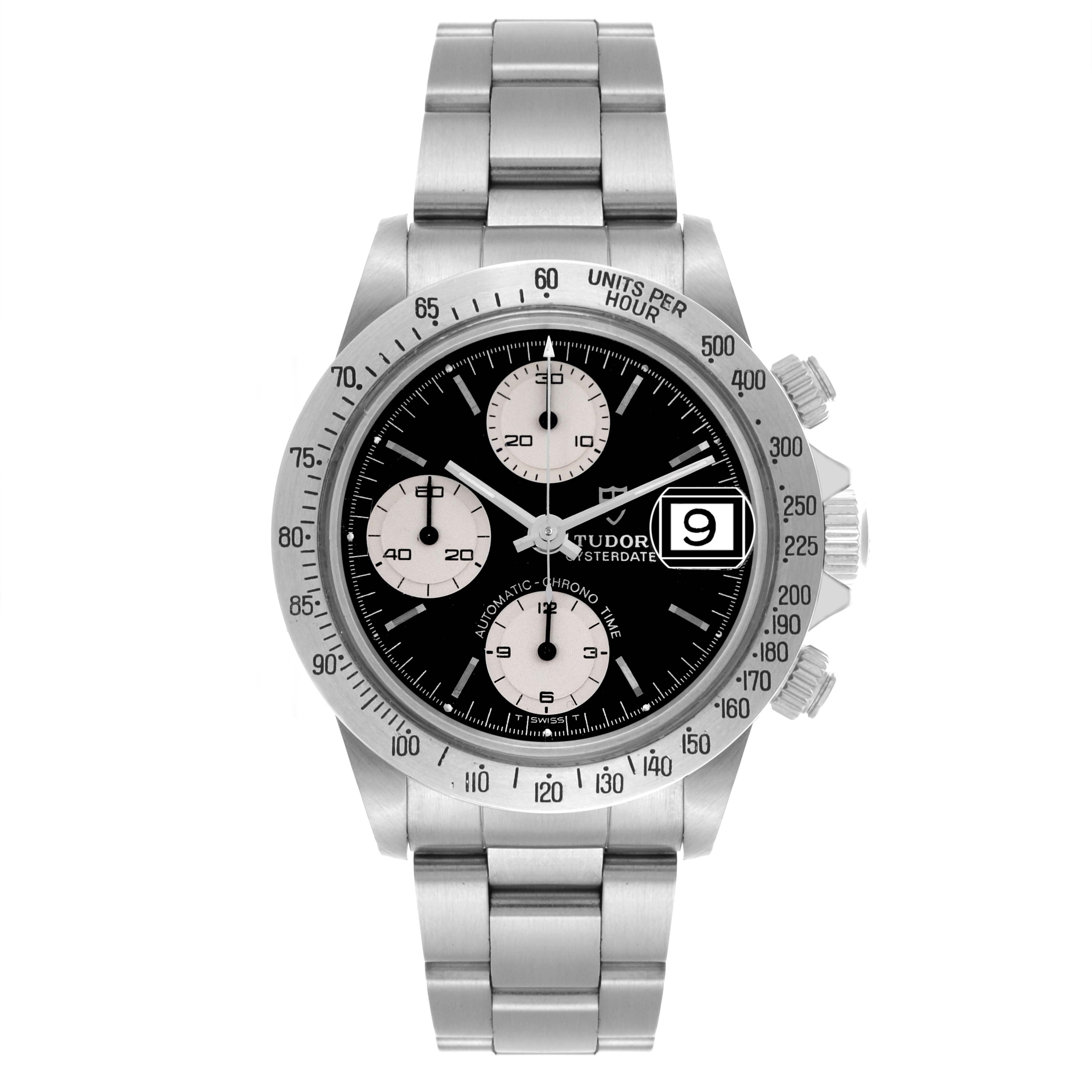 The Tudor Prince 79180 Men's Stainless Steel Black Dial 79180 Men's Stainless Steel Black Dial watch is shown from a front angle, displaying its face, bezel, pushers, crown, and bracelet.