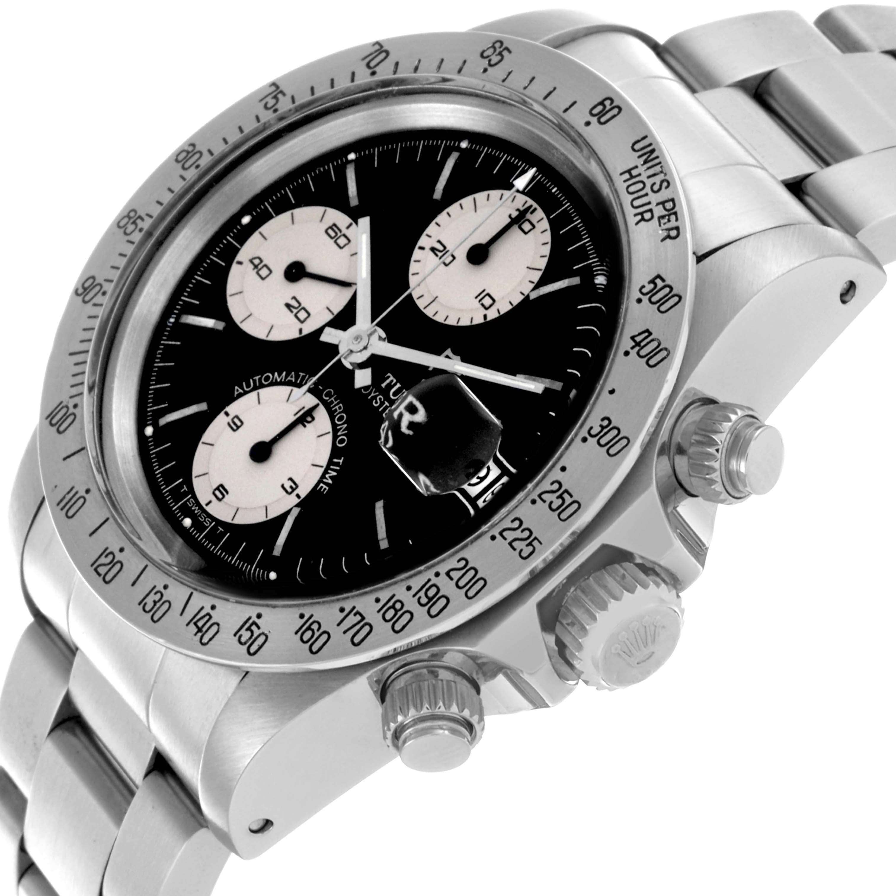 The Tudor Prince 79180 Men's Stainless Steel Black Dial 79180 Men's Stainless Steel Black Dial model is shown at an angle highlighting the face, bezel, pushers, and bracelet.