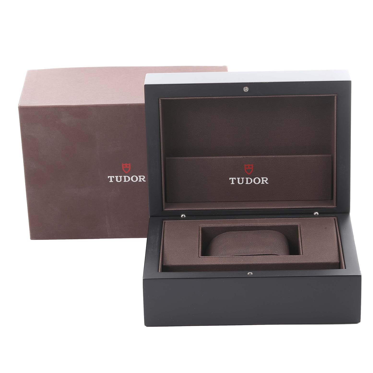 The image shows a Tudor Prince 79180 Men's Stainless Steel Black Dial 79180 Men's Stainless Steel Black Dial watch box, viewed from the front with open lid and visible interior.