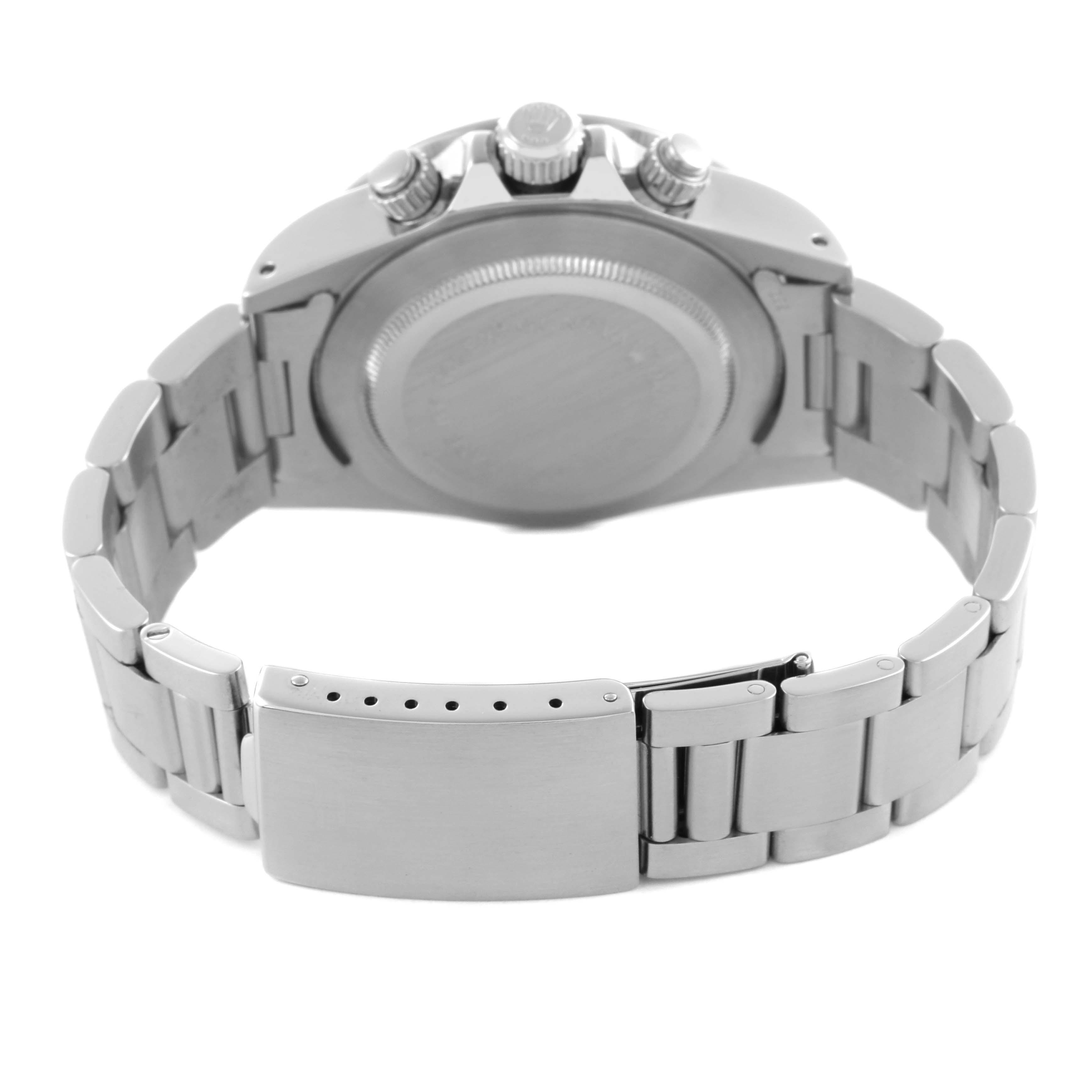 The Tudor Prince 79180 Men's Stainless Steel Black Dial 79180 Men's Stainless Steel Black Dial model is shown from the back, highlighting the case back, crown, pushers, and metal bracelet clasp.