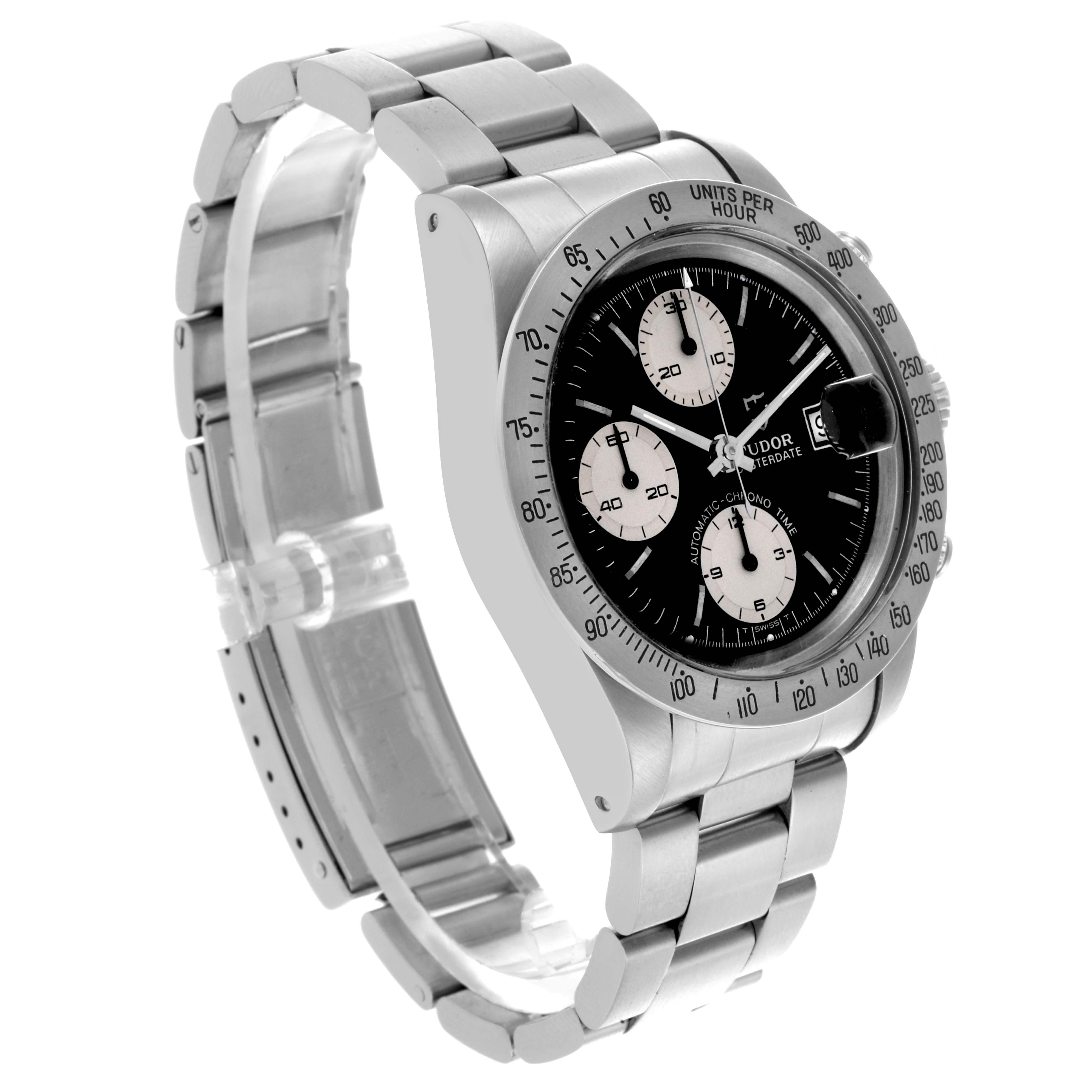 The Tudor Prince 79180 Men's Stainless Steel Black Dial 79180 Men's Stainless Steel Black Dial watch is shown at a three-quarter angle, displaying the dial, bezel, lugs, and bracelet.