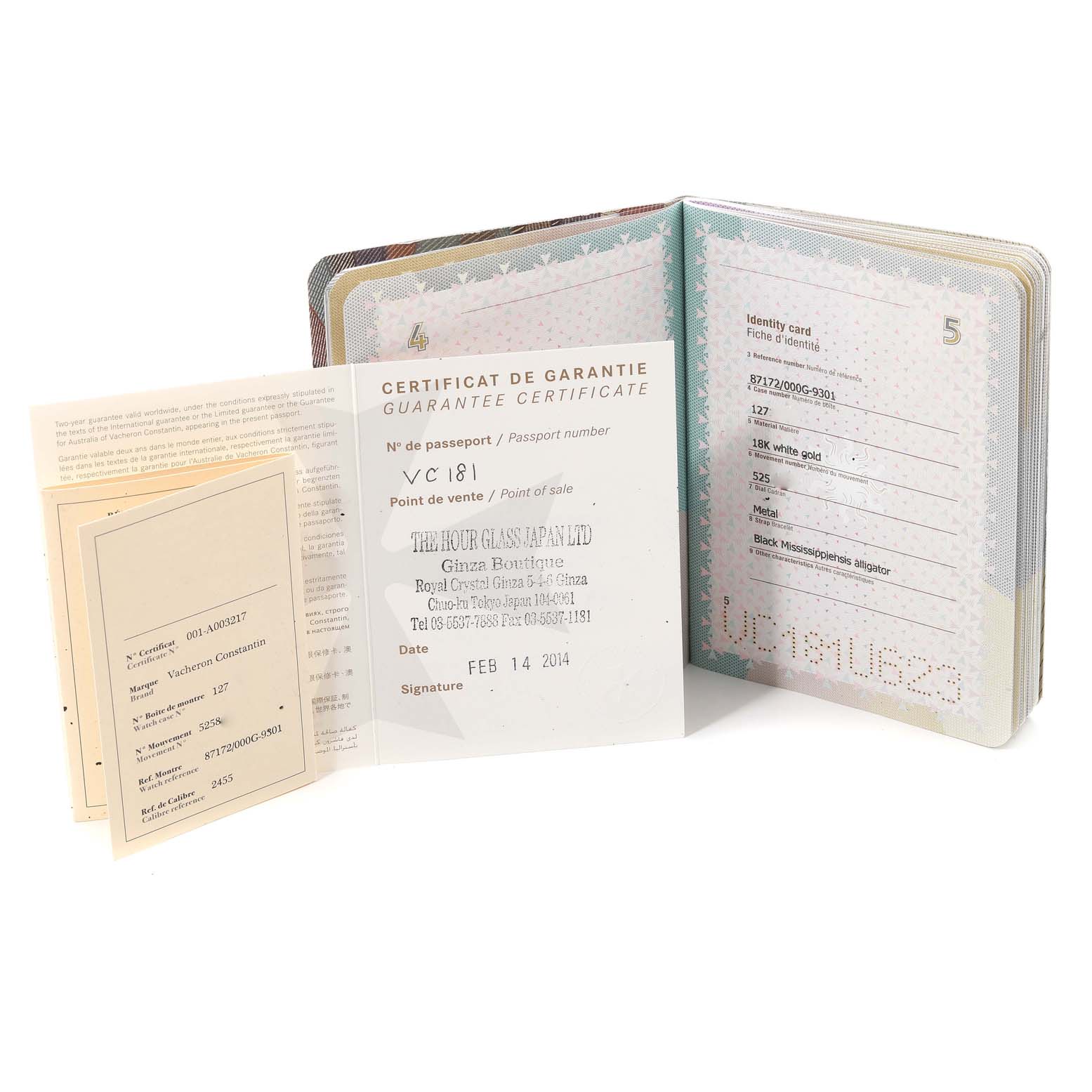 The image shows the warranty certificate and documentation for the Traditionnelle model by Vacheron Constantin.