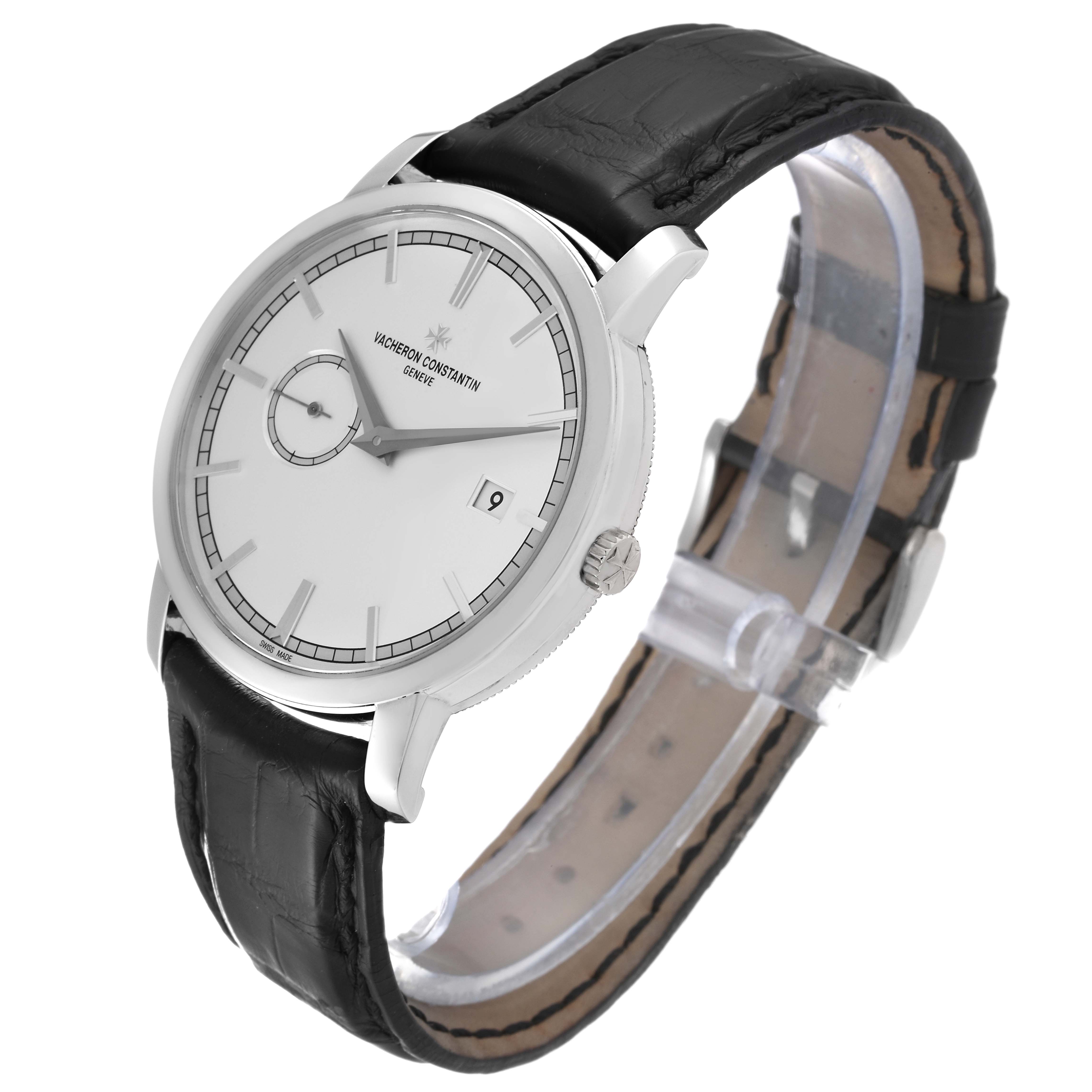 This image shows a side angle of the Vacheron Constantin Traditionnelle 87172/000G-9301 Men's White Gold Silver Dial 87172/000G-9301 Men's White Gold Silver Dial watch, highlighting the face, crown, and band.