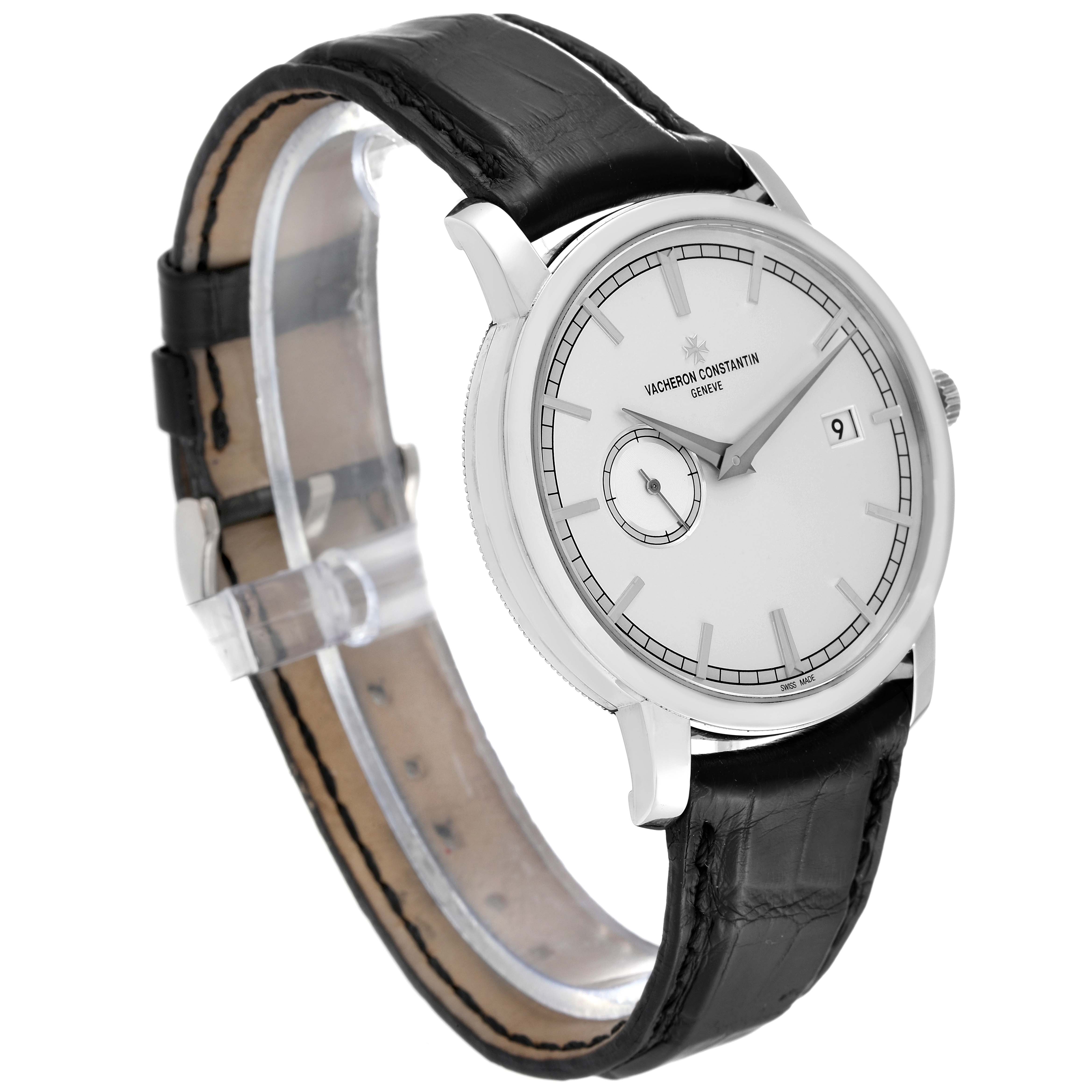 This image shows a Vacheron Constantin Traditionnelle 87172/000G-9301 Men's White Gold Silver Dial 87172/000G-9301 Men's White Gold Silver Dial watch angled slightly to display the face, leather strap, and side view.