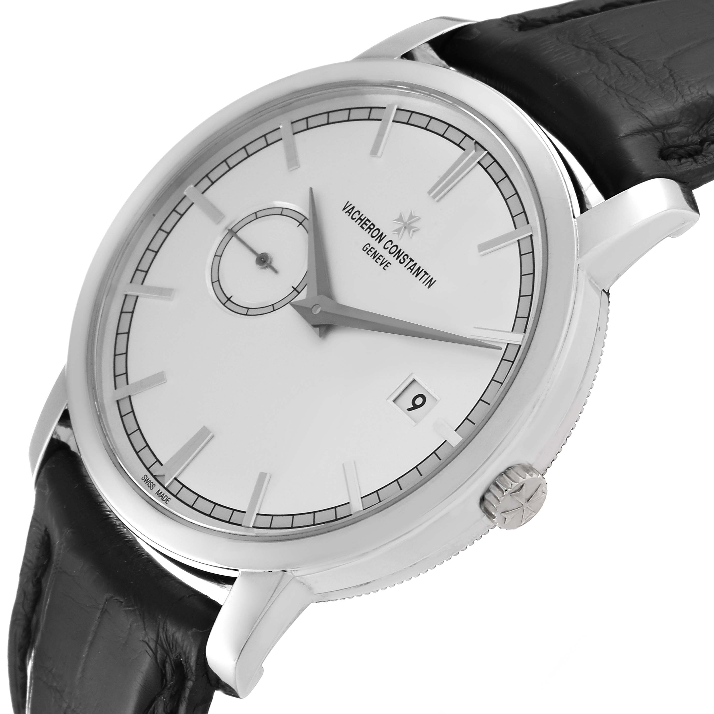 The image shows a Vacheron Constantin Traditionnelle 87172/000G-9301 Men's White Gold Silver Dial 87172/000G-9301 Men's White Gold Silver Dial watch, angled to display the dial, case, crown, and part of the strap.